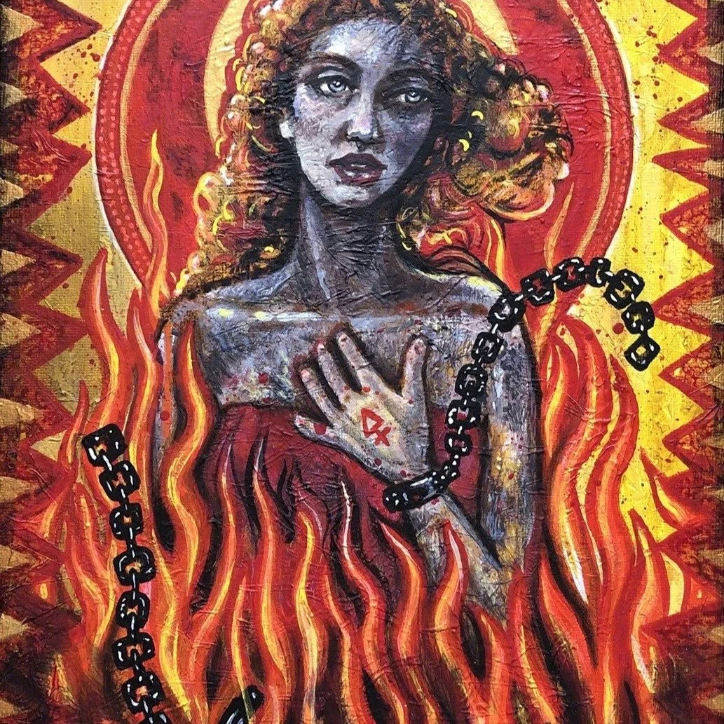 Close up detail of new original painting, "Anima Sola" now available in the shop at SusanneIles.Com. Acrylic paint on charred canvas. 

"Anima Sola, Lonely Soul,
You who have walked through fire,
You who have known the weight of chains