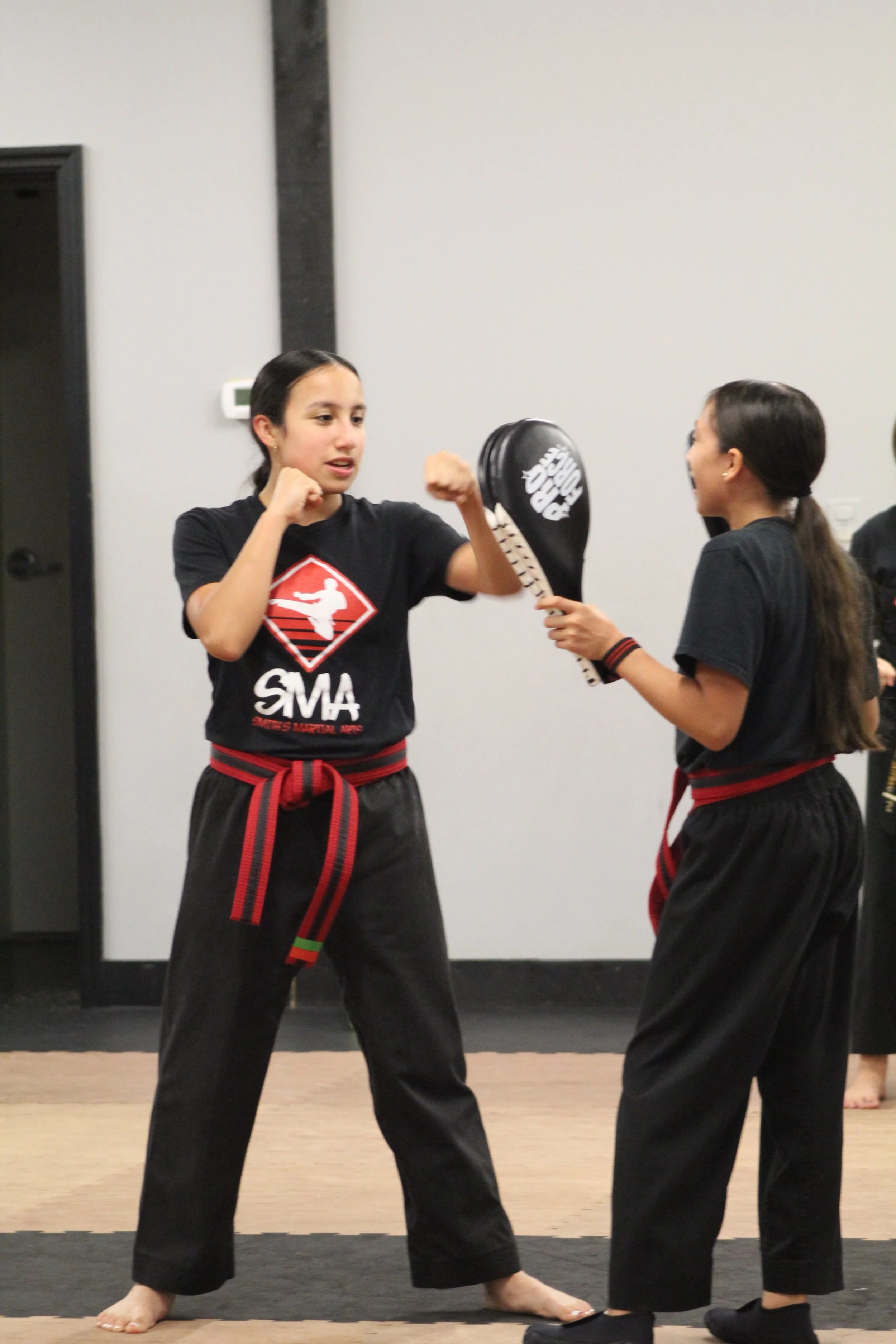 Two young girls practicing martial arts in a gym, wearing black uniforms with red belts, one girl is punching a black pad held by the other girl.