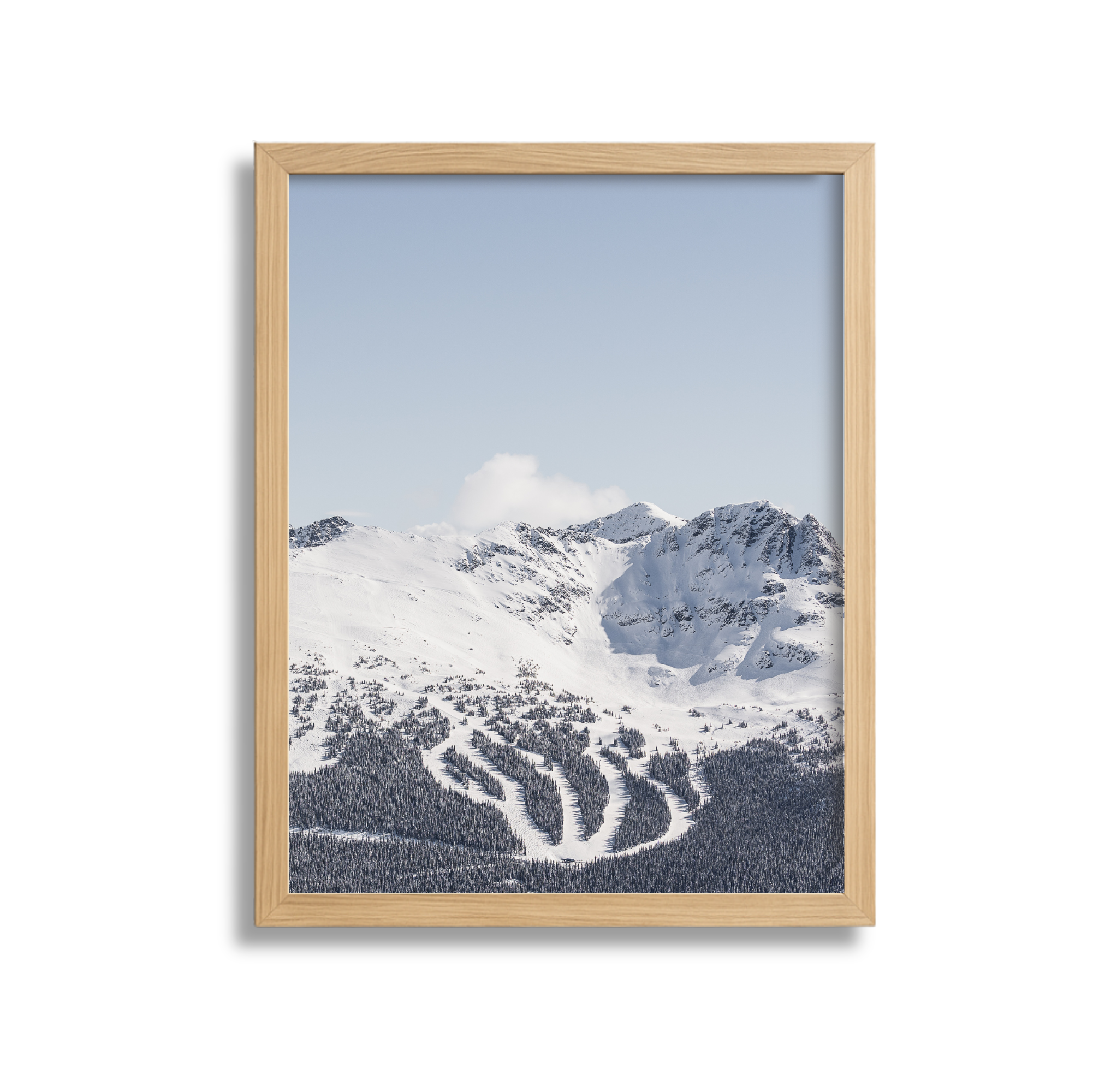 Framed photograph of snow-covered mountains with ski slopes and trees under a clear blue sky.