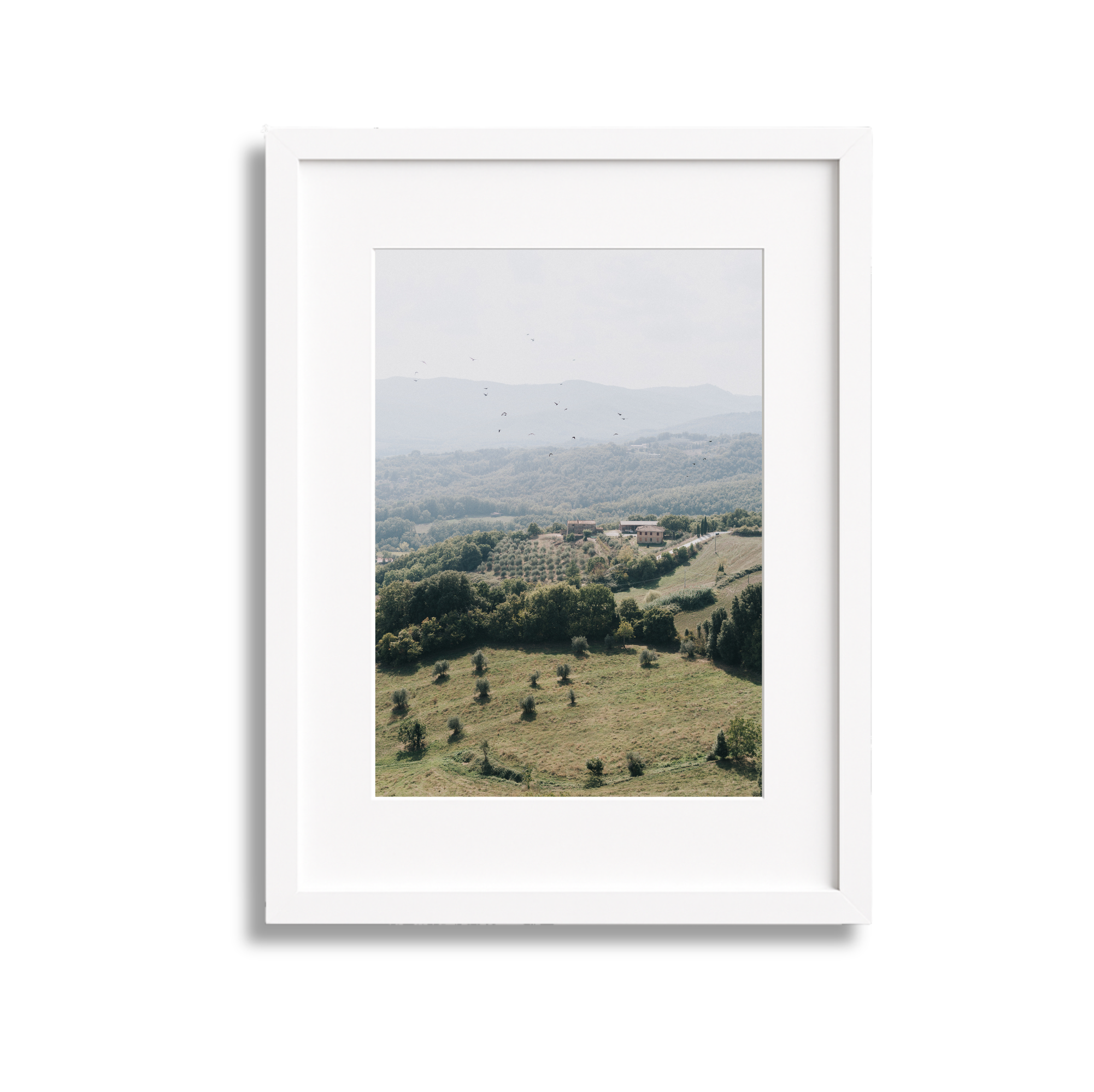 A framed picture of a scenic landscape with rolling hills, trees, and distant mountains under a cloudy sky.