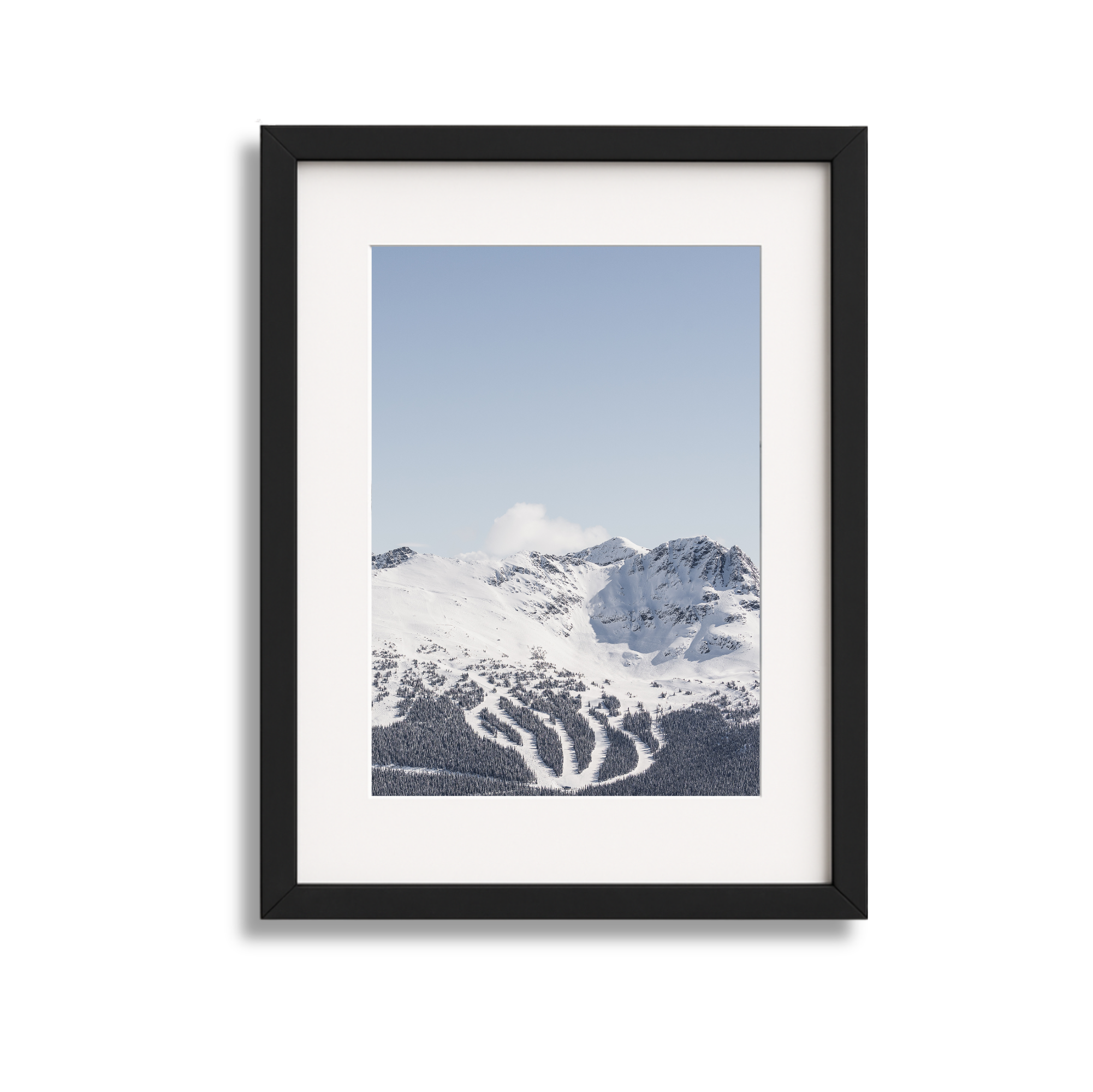 Framed photograph of snowy mountain landscape with ski slopes and forested area.
