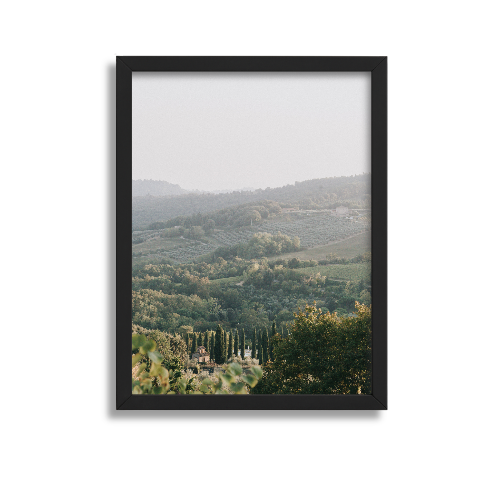 A landscape view of a green countryside with rolling hills, trees, and a small building, seen through a black-framed window.