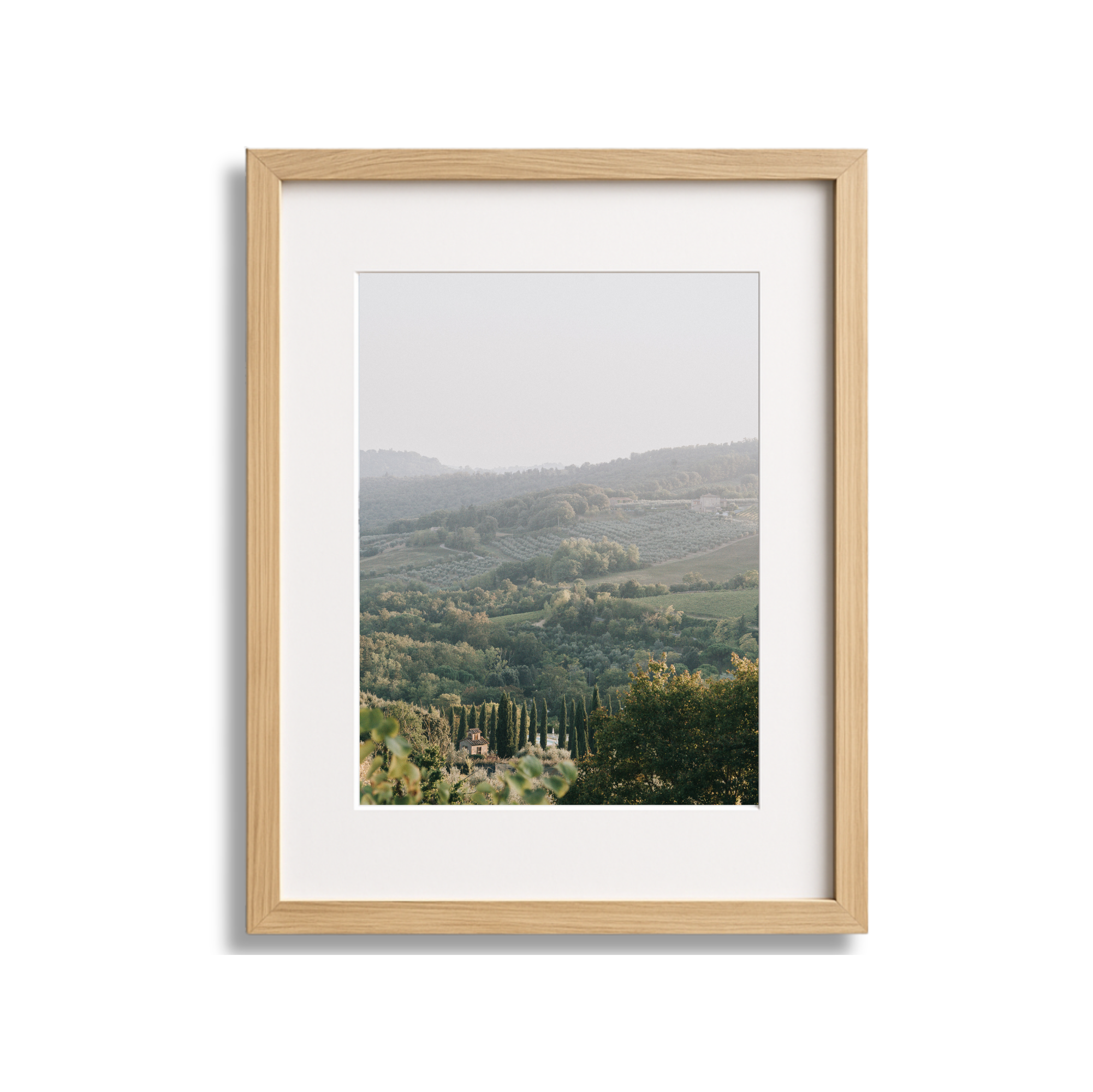 Landscape view of rolling hills and trees framed in a wooden frame.