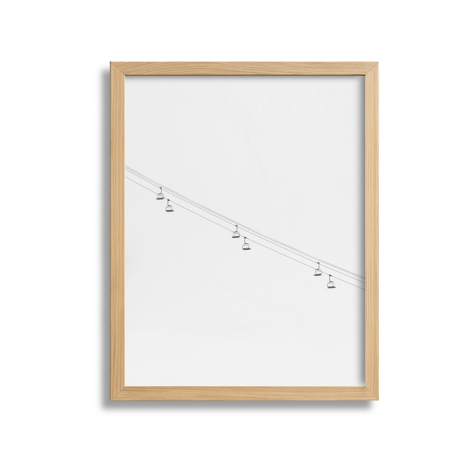 Minimalist framed print of a sketch of a ski lift with several chairs hanging from cables against a plain white background.