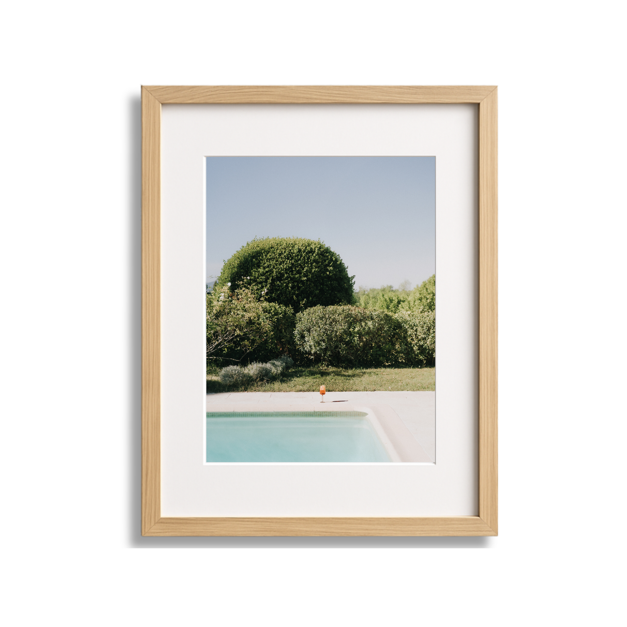 Photo of a framed landscape scene showing a swimming pool, grassy area, and green bushes and trees under a clear blue sky.