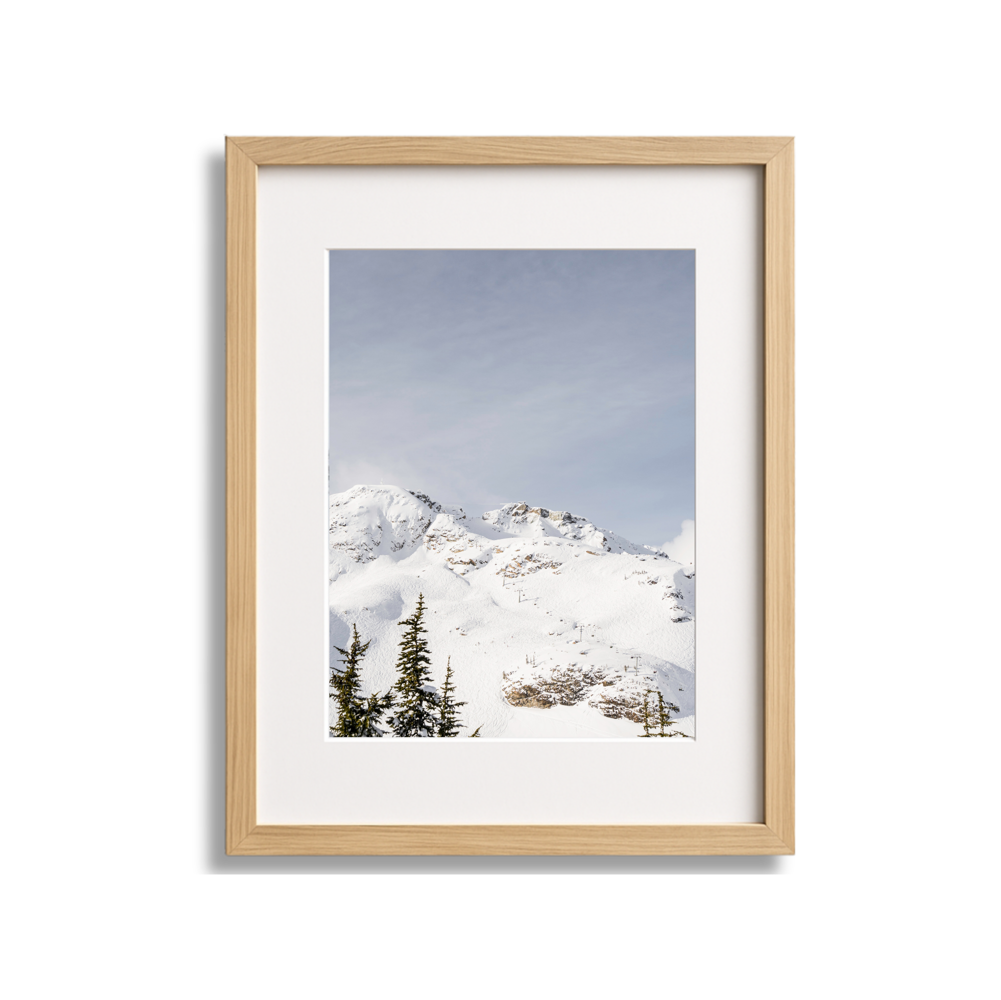 Framed photograph of snow-covered mountain with evergreen trees in the foreground and a partly cloudy sky.