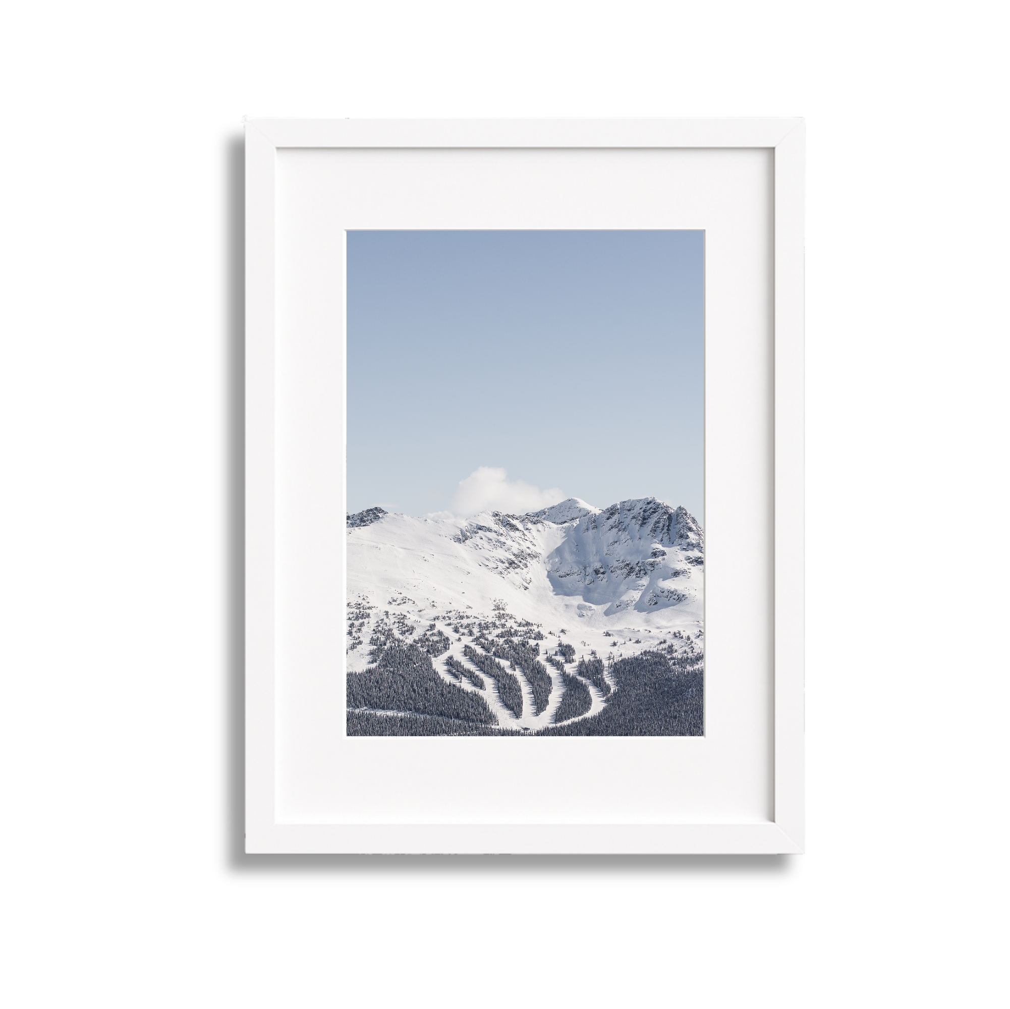 Framed photograph of a snow-covered mountain landscape with ski slopes and pine trees, under a clear blue sky.