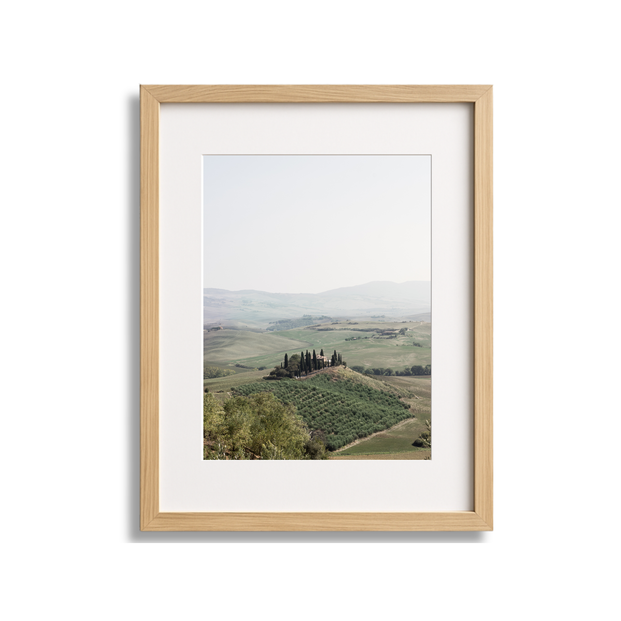 Photograph of rolling green hills with a cypress tree-lined hilltop, framed in a light wooden frame.