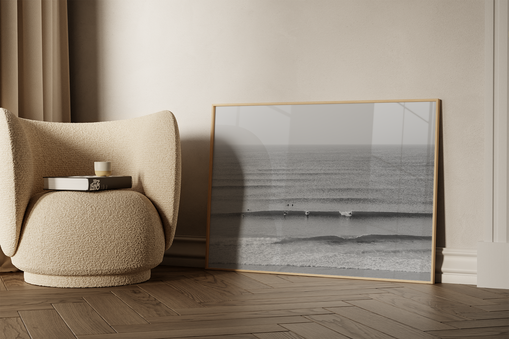 Black and white Fine art photography print of surfers in Portugal