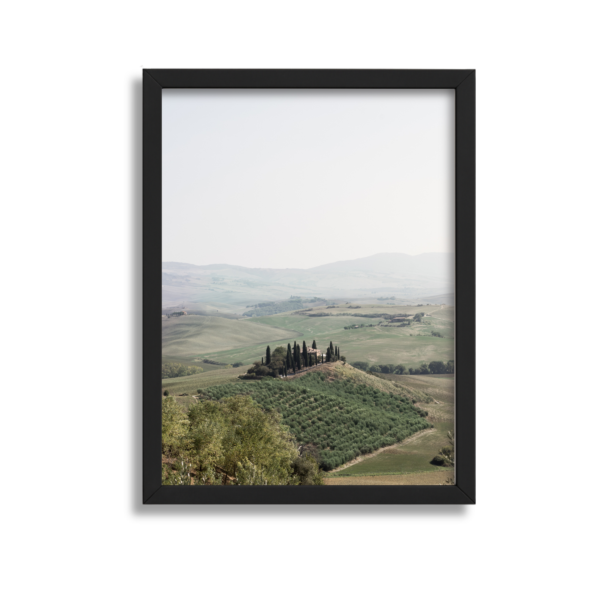 Landscape view of rolling hills with cypress trees and vineyards, seen through a black-framed mirror.