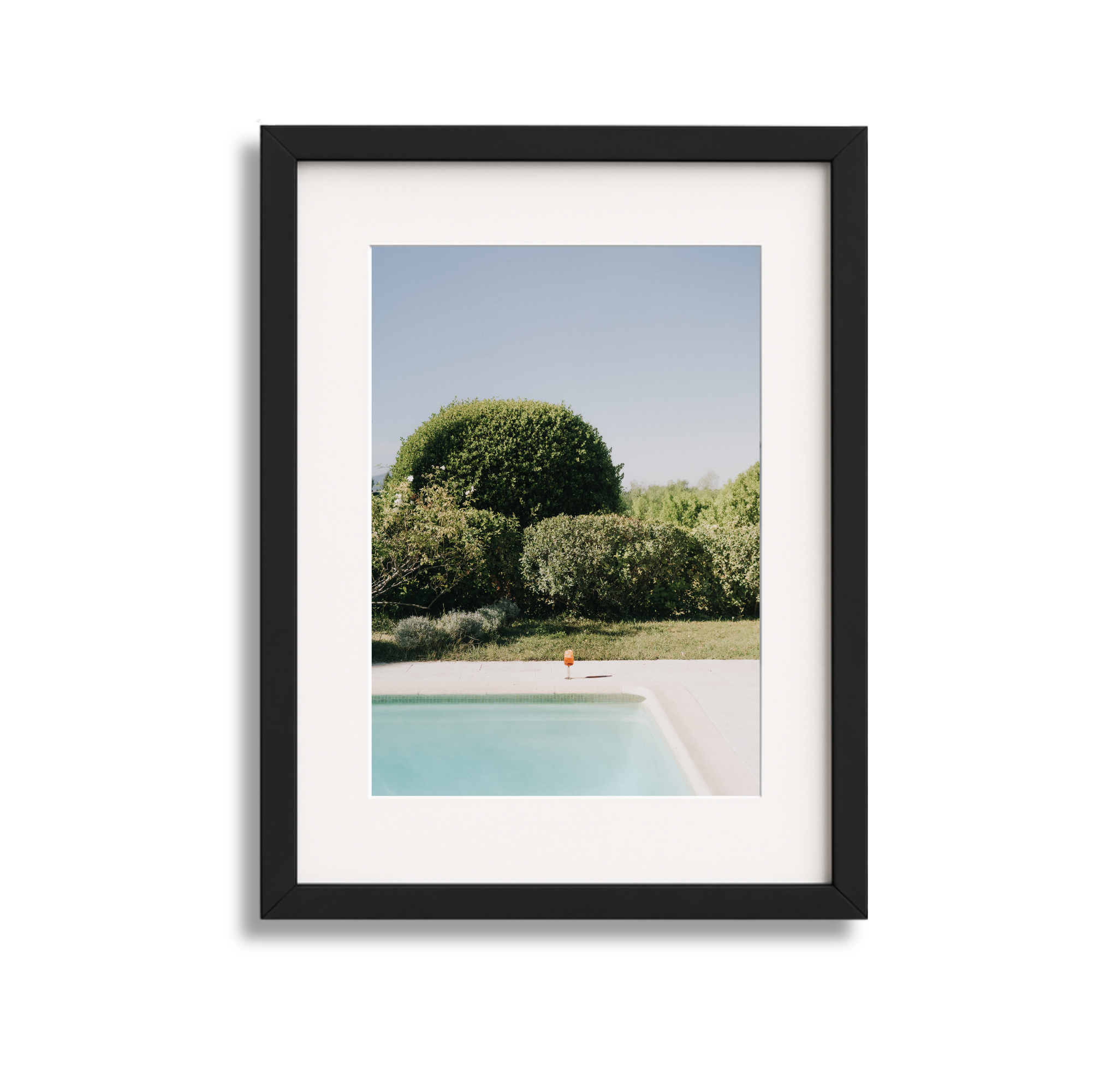 Landscape photograph of a swimming pool with greenery and trees in the background, framed in black.