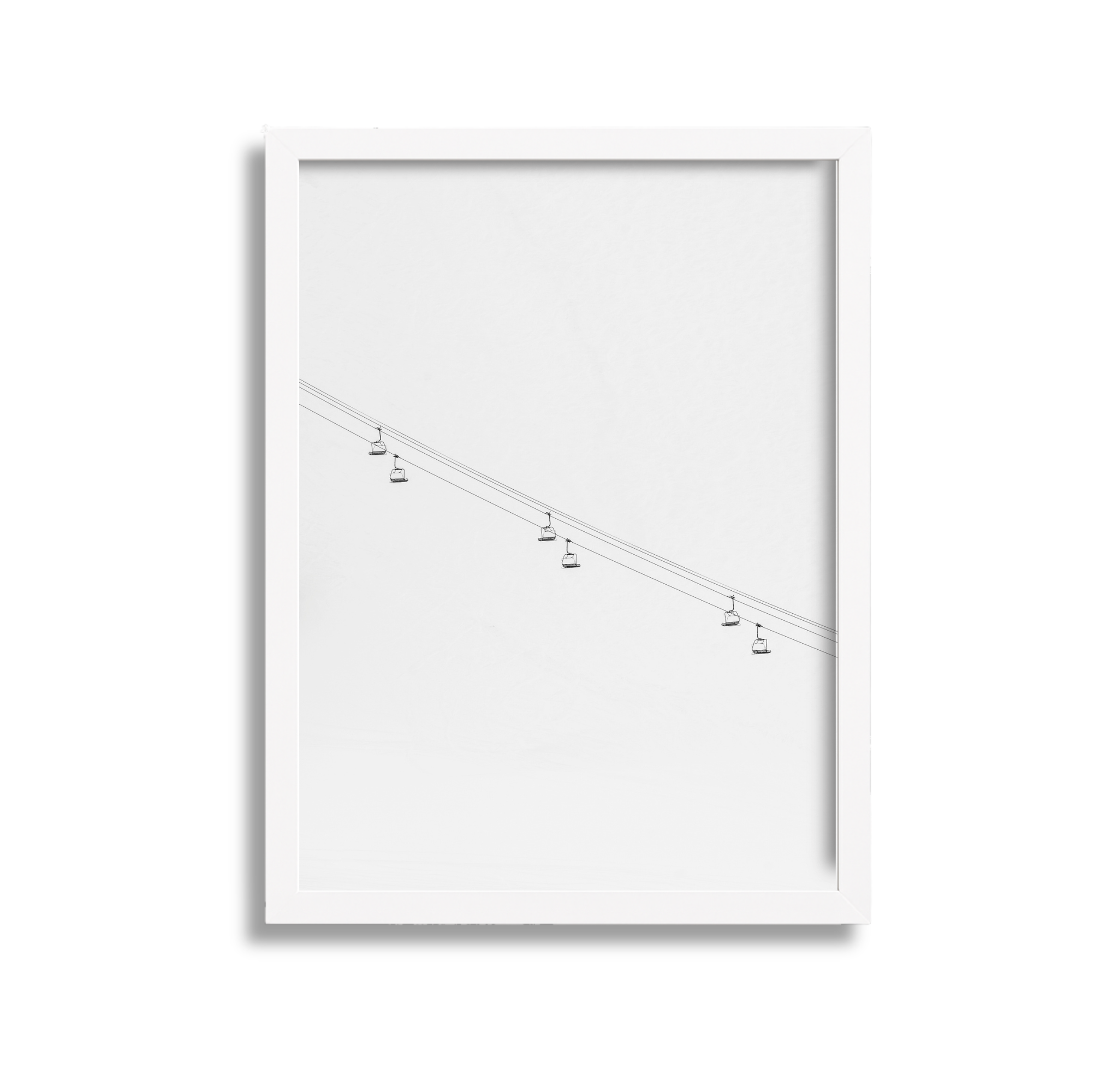 Minimalist black-and-white sketch of a cable car line with several cars hanging from the cable, set against a light background.