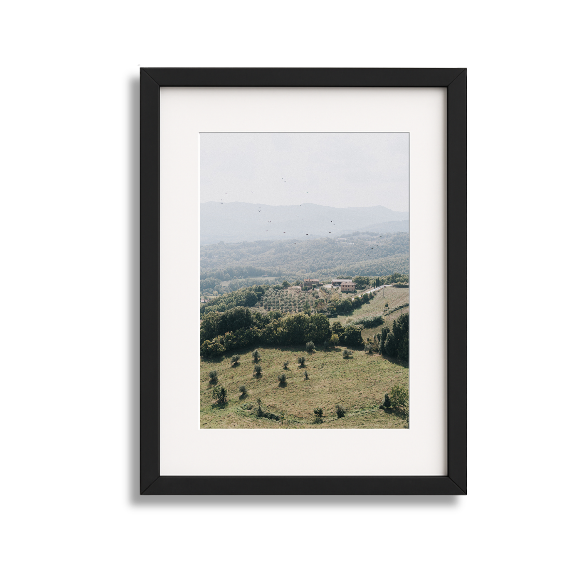 Landscape painting of rolling green hills with trees and distant mountains in a black frame.