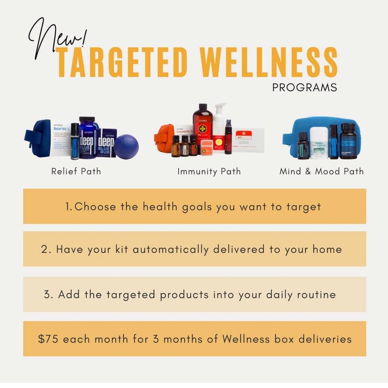 Targeted Wellness Programs
The Wellness Program is a new offering in which LRP participants are able to sign up for various 3-month programs to get curated collections at a discount! In the US we are offering three different 90-day tracks that you ca