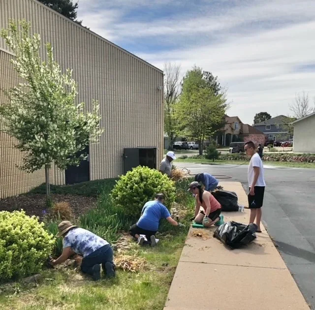 People planting and weeding in a garden bed outside a building on a sunny day. There are multiple individuals working, some kneeling and some standing, with gardening tools and black trash bags nearby.