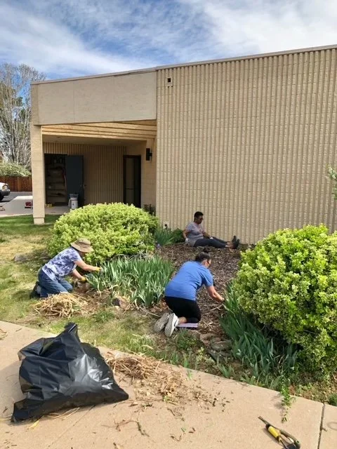 Three people gardening near a beige building with bushes and plants, one person wearing a hat, two on their knees, and one sitting against the wall.