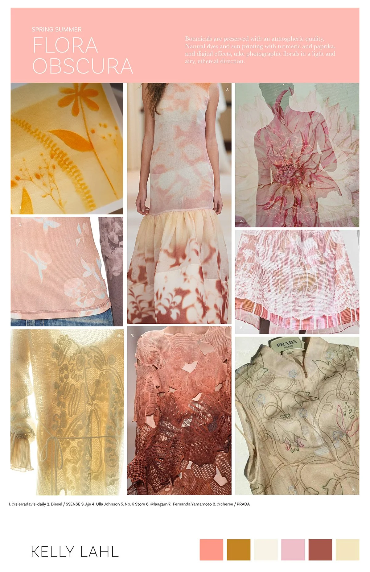 Moodboard of images that are fashion and art. Text reads; botanicals are preserved with an atmospheric quality. Natural dyes and sun printing with turmeric and paprika, and digital effects, take photographic florals in a light and airy, ethereal way.