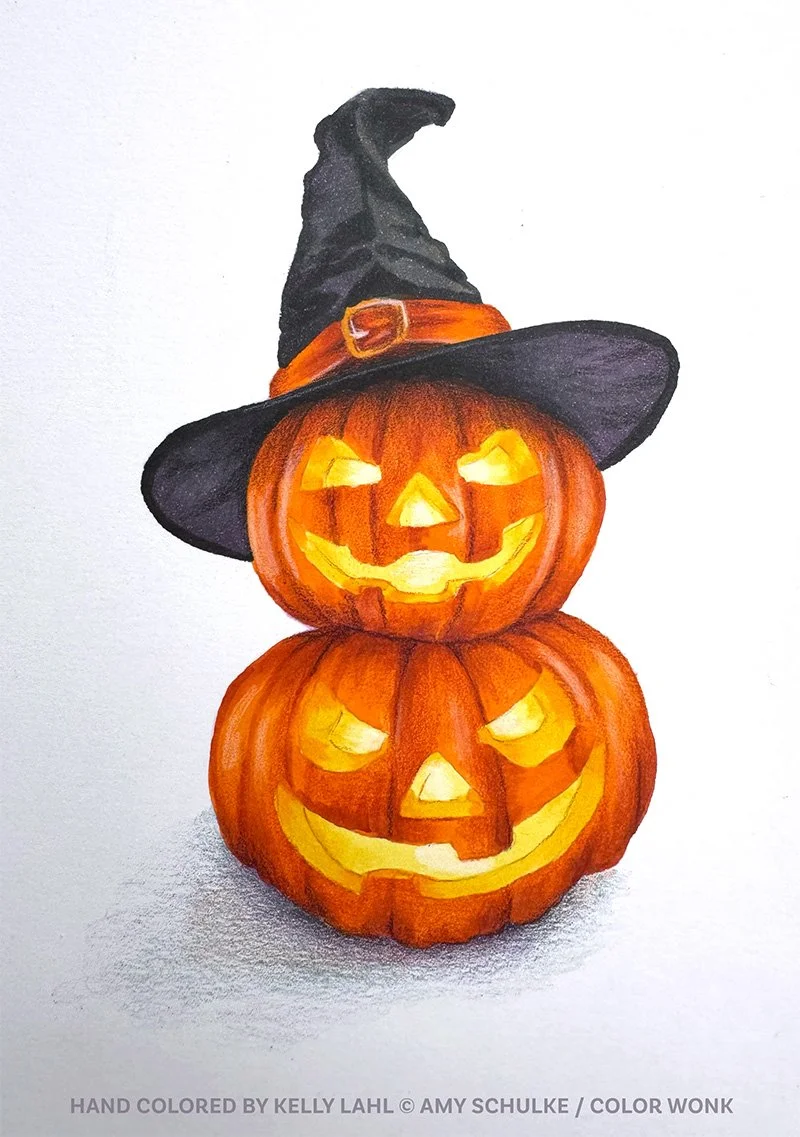 A hand colored illustration of a stack of two jack-o-lantern pumpkins with a glowing face. The top pumpkin is wearing a witch hat.