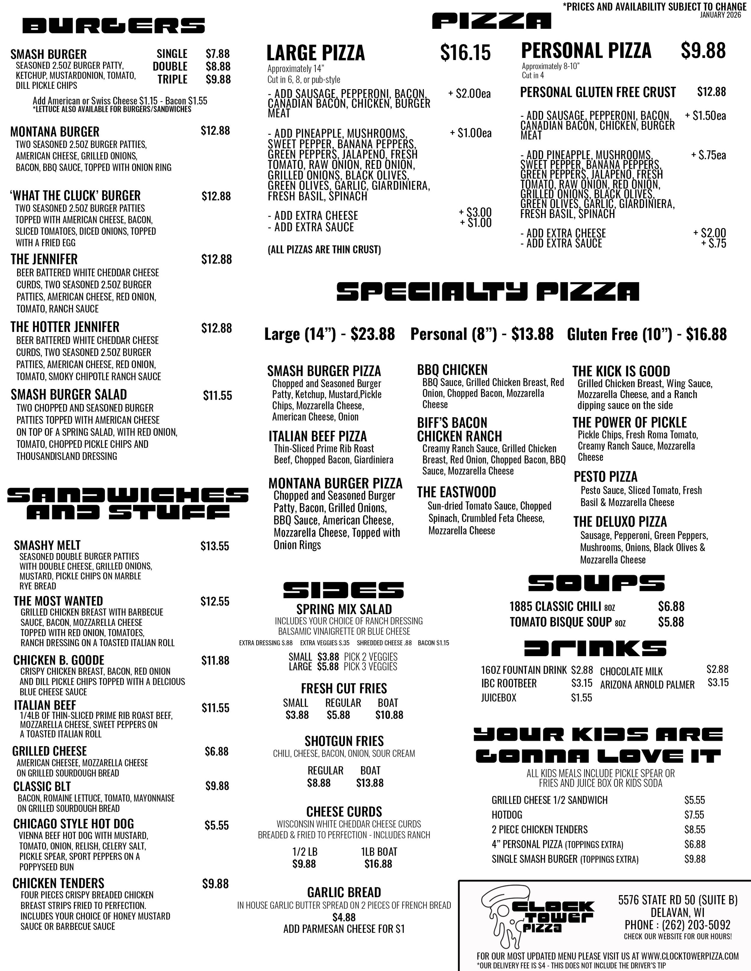 Clock Tower Pizza, Delavan, WI Food Menu