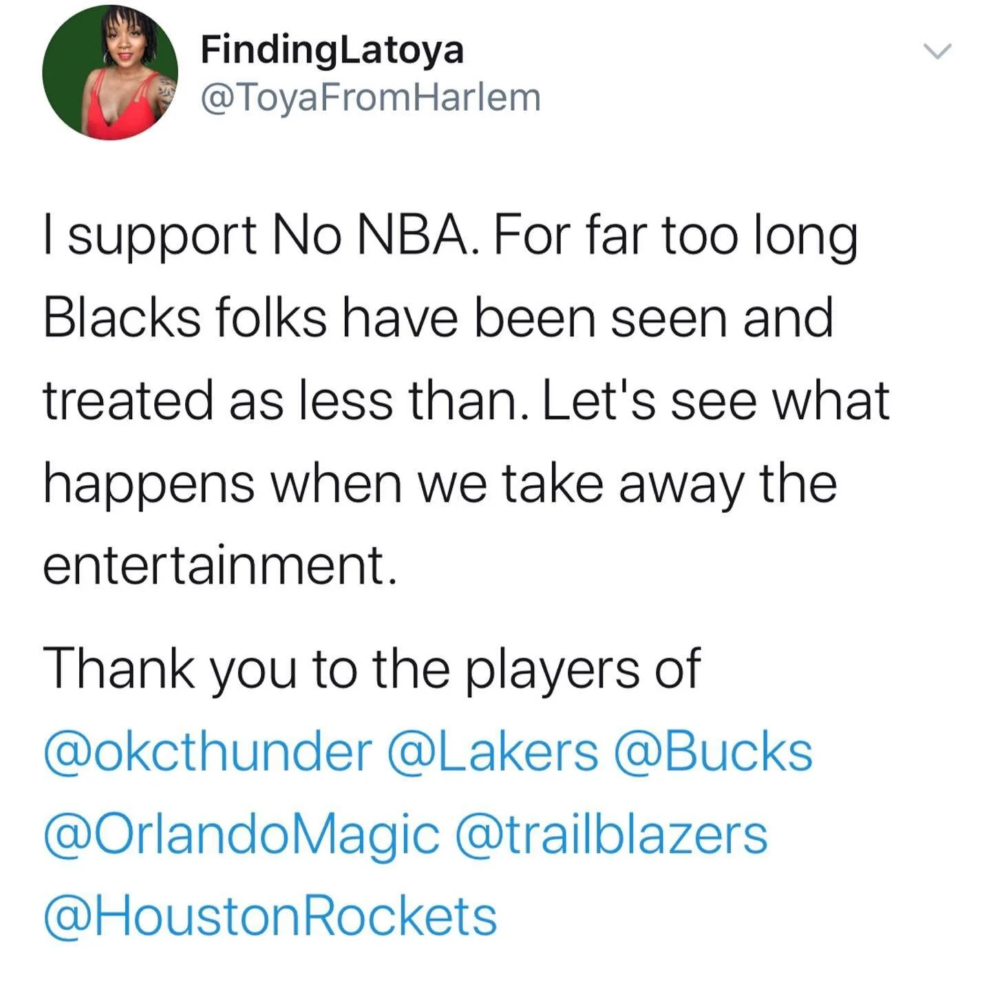 Let&rsquo;s take away the entertainment. The NBA boycott sends a powerful message. If you can&rsquo;t respect us, there&rsquo;s no need to be entertained by us. 𝐃𝐨 𝐲𝐨𝐮 𝐭𝐡𝐢𝐧𝐤 𝐭𝐡𝐞 𝐌𝐋𝐁, 𝗪𝐍𝐁𝐀 𝐚𝐧𝐝 𝐨𝐭𝐡𝐞𝐫 𝐥𝐞𝐚𝐠𝐮𝐞𝐬 𝐰𝐢𝐥𝐥 