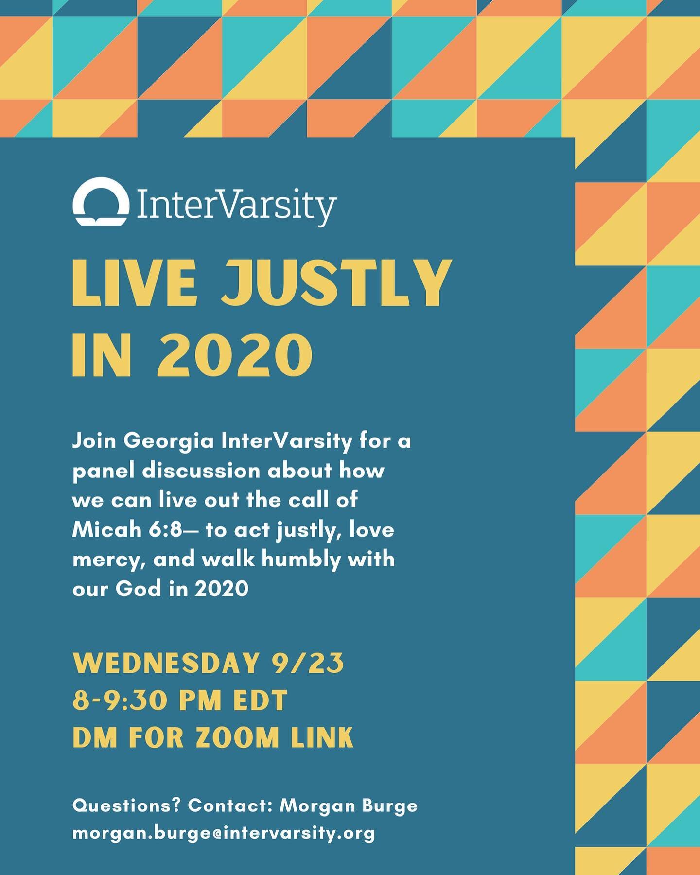 Join us for the Georgia InterVarsity &ldquo;Live Justly in 2020&rdquo; panel tomorrow, Wed 9/23 from 8-9:30pm ET! In this discussion we will dive into the issues of local advocacy, education, and housing justice.⁠
⁠
You will walk away with practical 