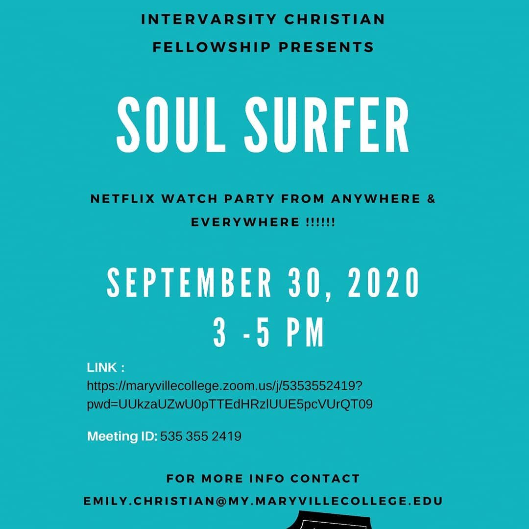 Hey everybody!
Join Intervarsity for the movie Soul Surfer this Wednesday (9/30) at 3pm on ZOOM. We will all meet on ZOOM and then transition to a Netflix WatchParty so we can chat and hang out while we watch the movie. Pop some popcorn and hop on th