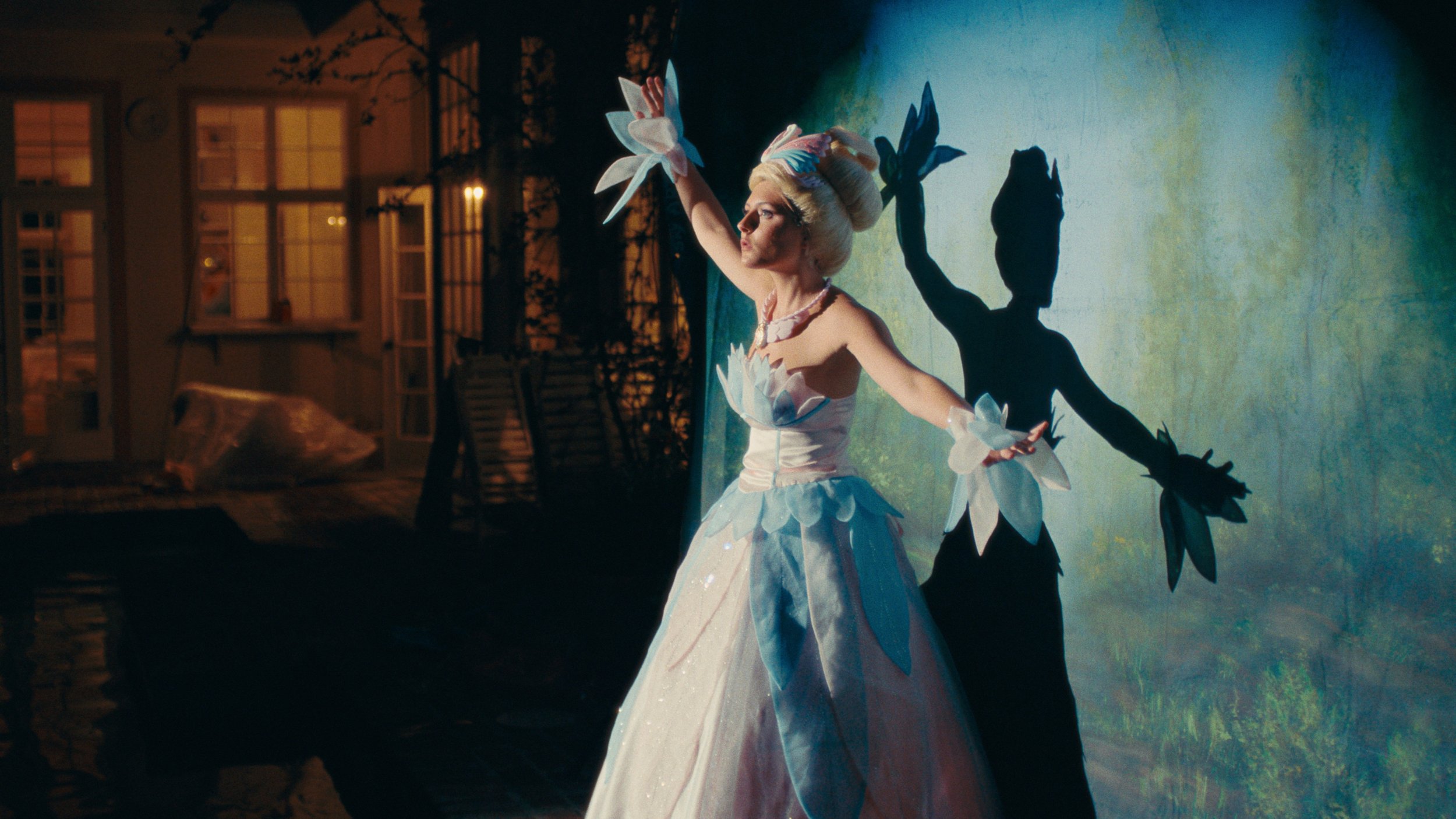Princess with cinematic spotlight in front of floral background