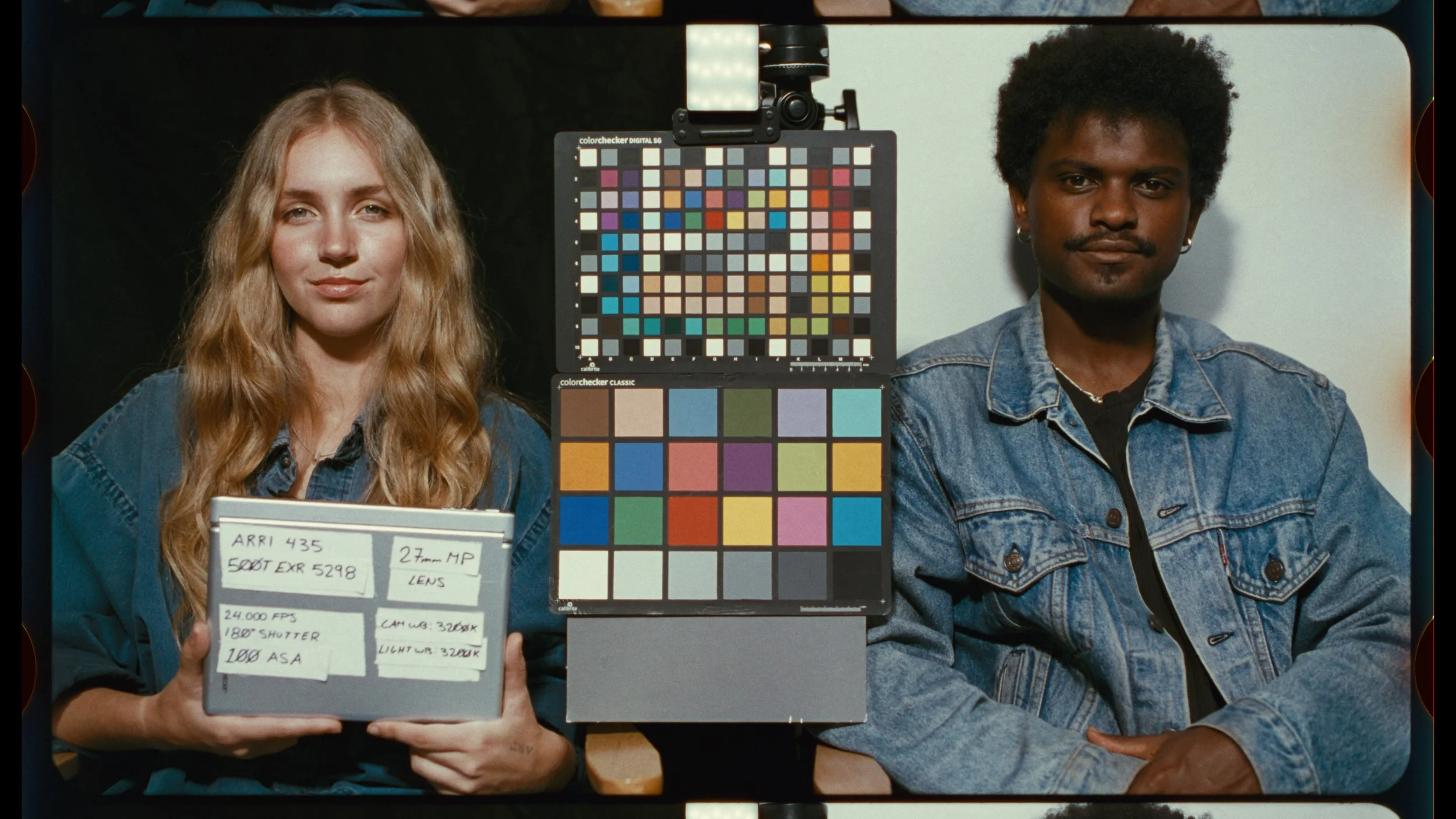 Color graded cineon log film scan of two people filmed on 35mm Kodak EXR 500T 5298 with a print film emulation LUT