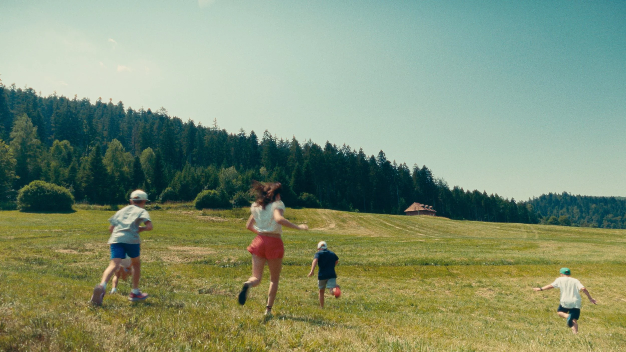Children running in green meadows under a clear blue sky, professional 35mm film stock color grade