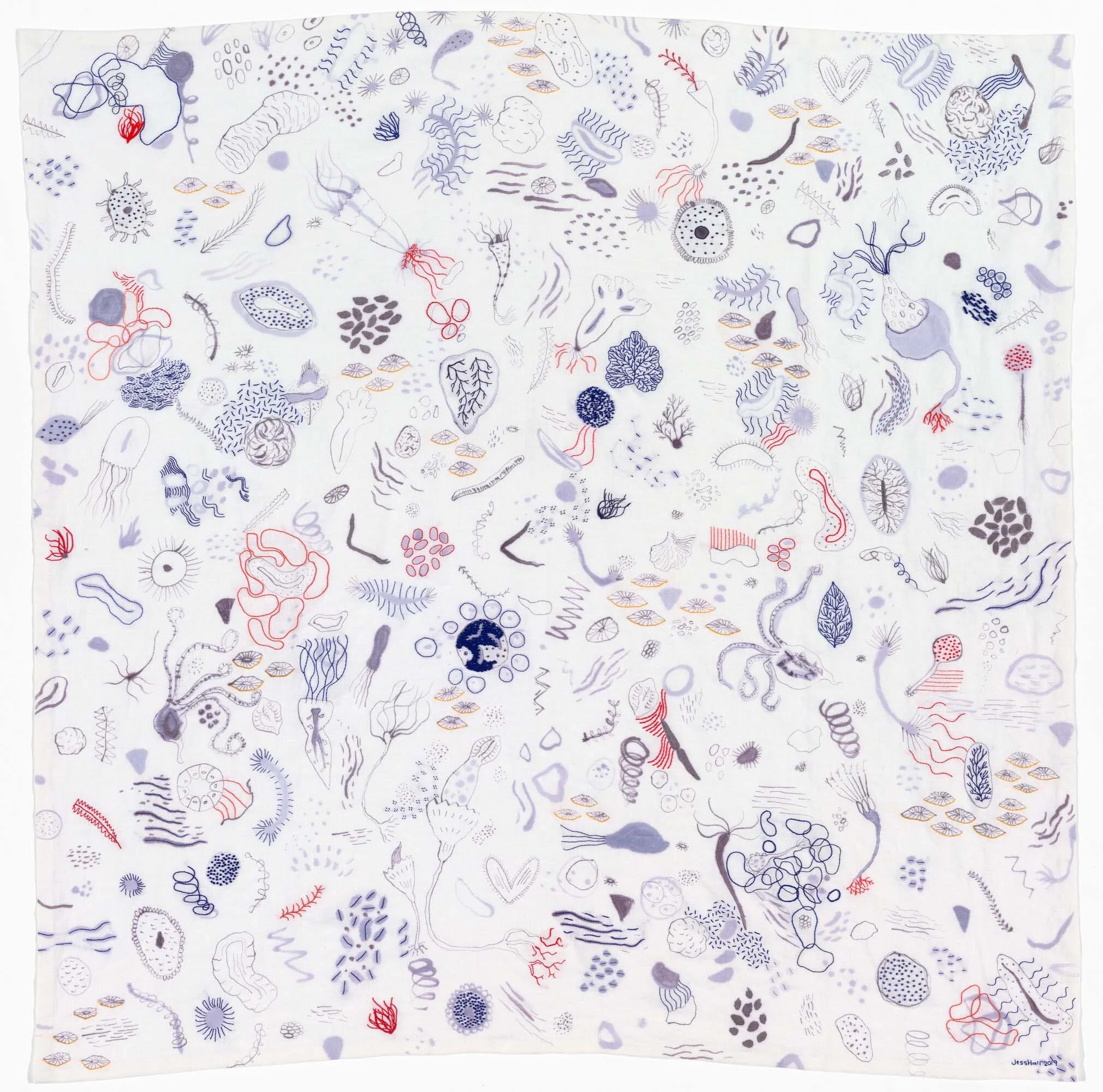 Synthesis, dye and embroidery on linen, 140cm x 141cm 2019