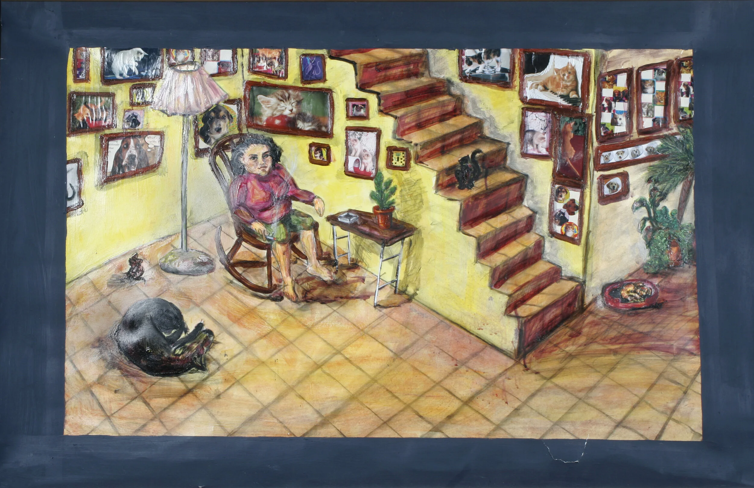 Worst Case Scenario (from Pages of a Diary); 
 June 2004, acrylic;  charcoal, pencil crayon, oil stick/pastel, collage on paper;  43.75” x 30.25”