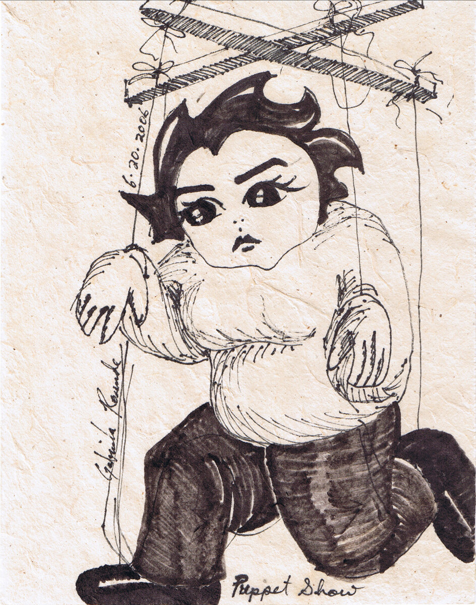 Puppet Show (from Pages of a Sketchbook);  
June 2006;  Ink on raw paper