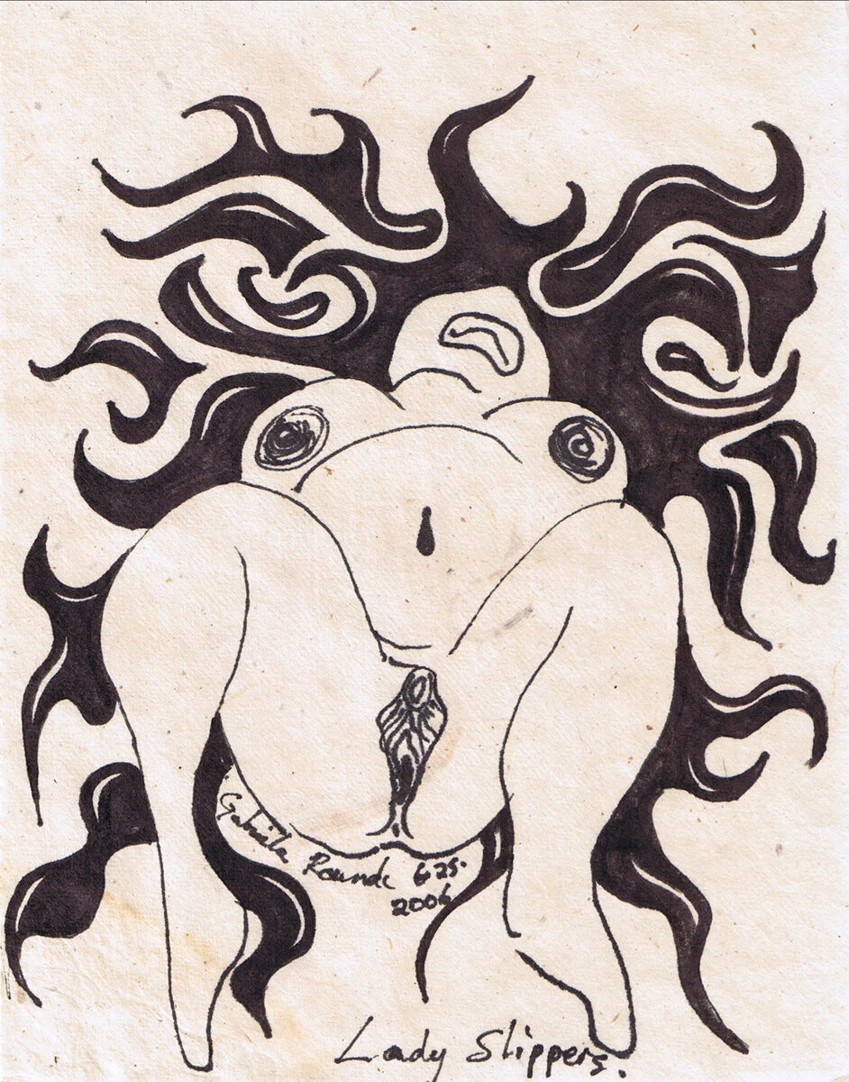 Lady Slippers (from Pages of a Sketchbook);  
June 2006;  Ink on raw paper
