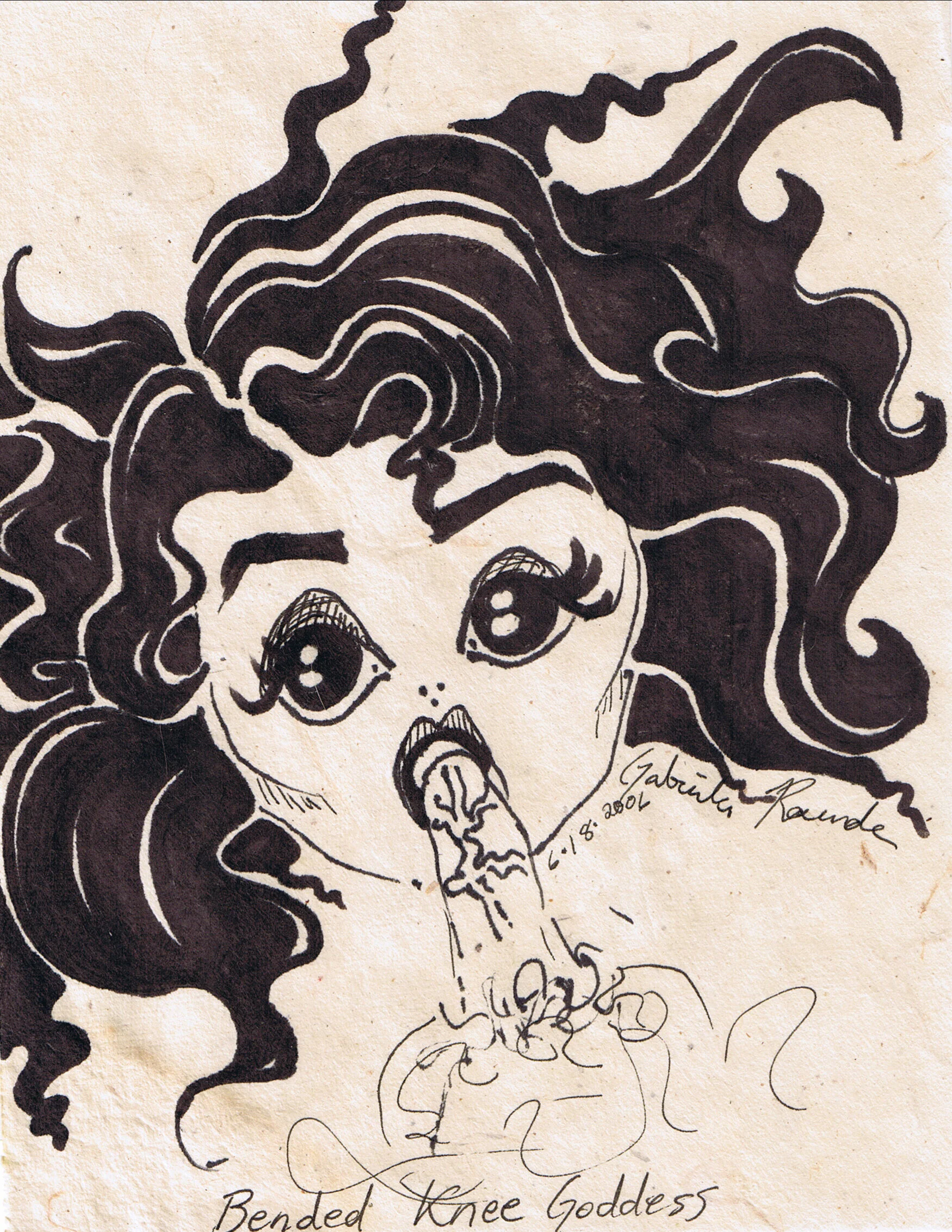 Bended Knee Goddess (from Pages of a Sketchbook);  June 2006;  Ink on raw paper
