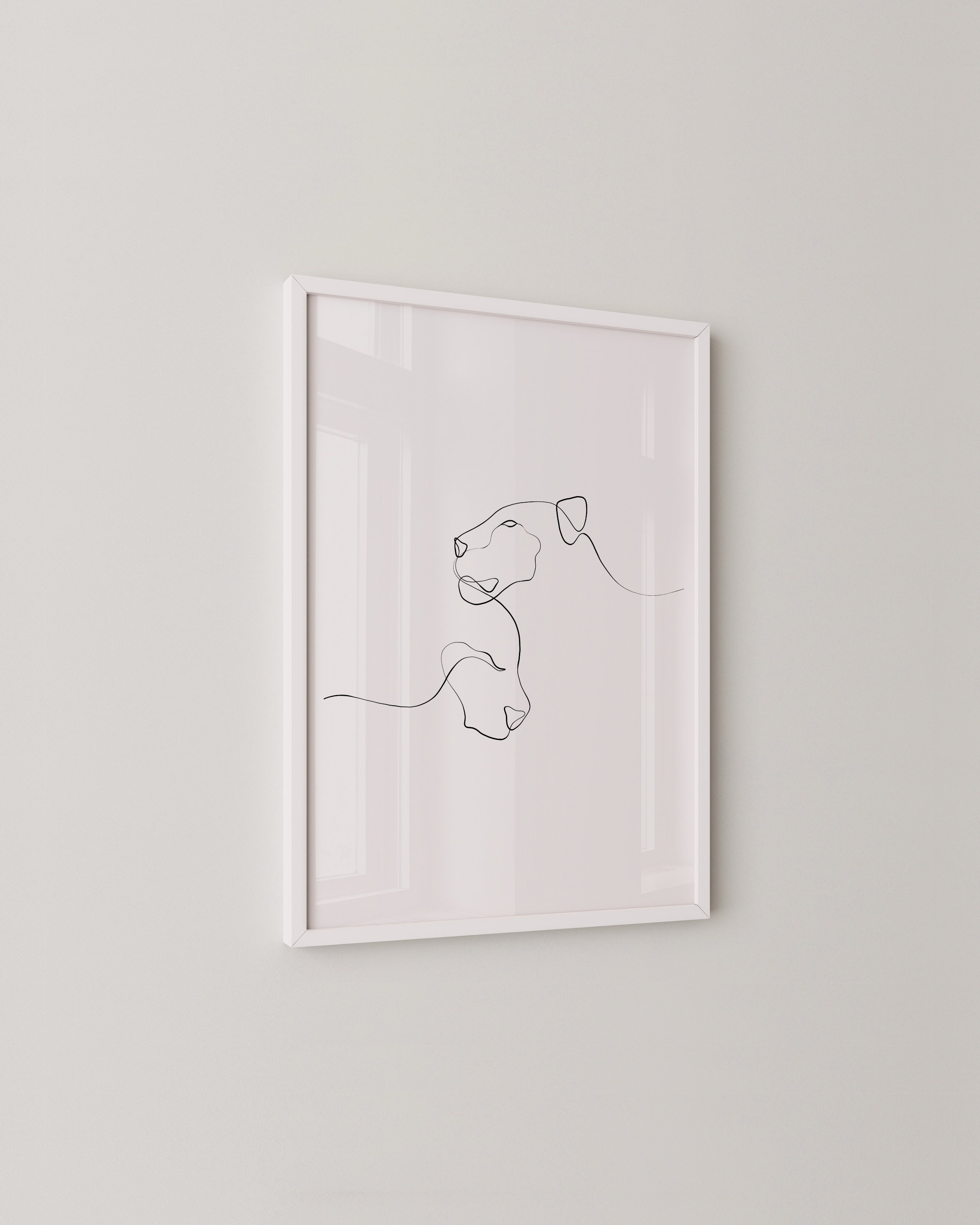 Minimalist line art illustration of a mother lioness and her cub, drawn with a single continuous line on a white background.