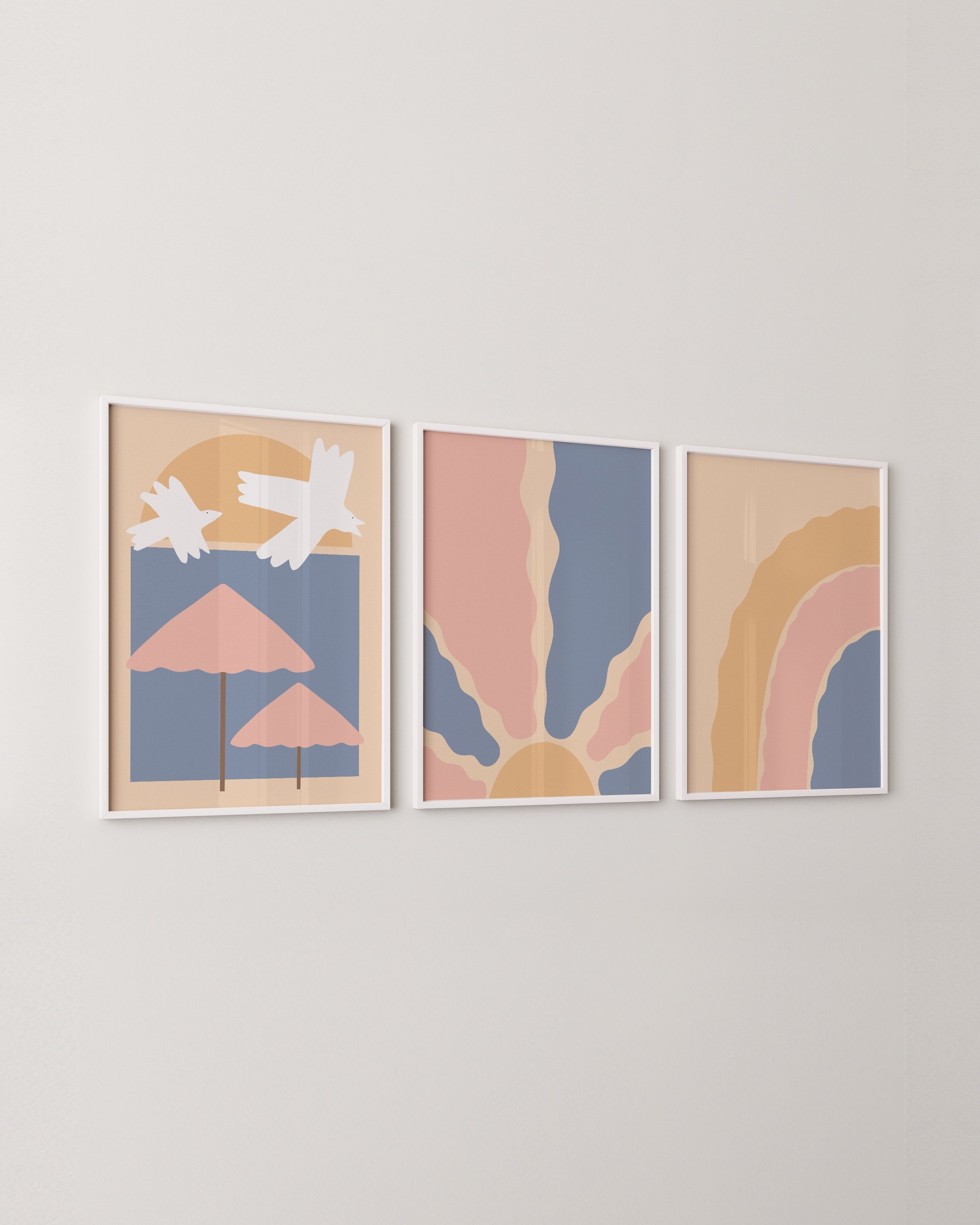 Three boho pastel printable art pieces: a wavy rainbow, a sunburst with soft rays, and birds flying over umbrellas in pink, beige, and blue tones.