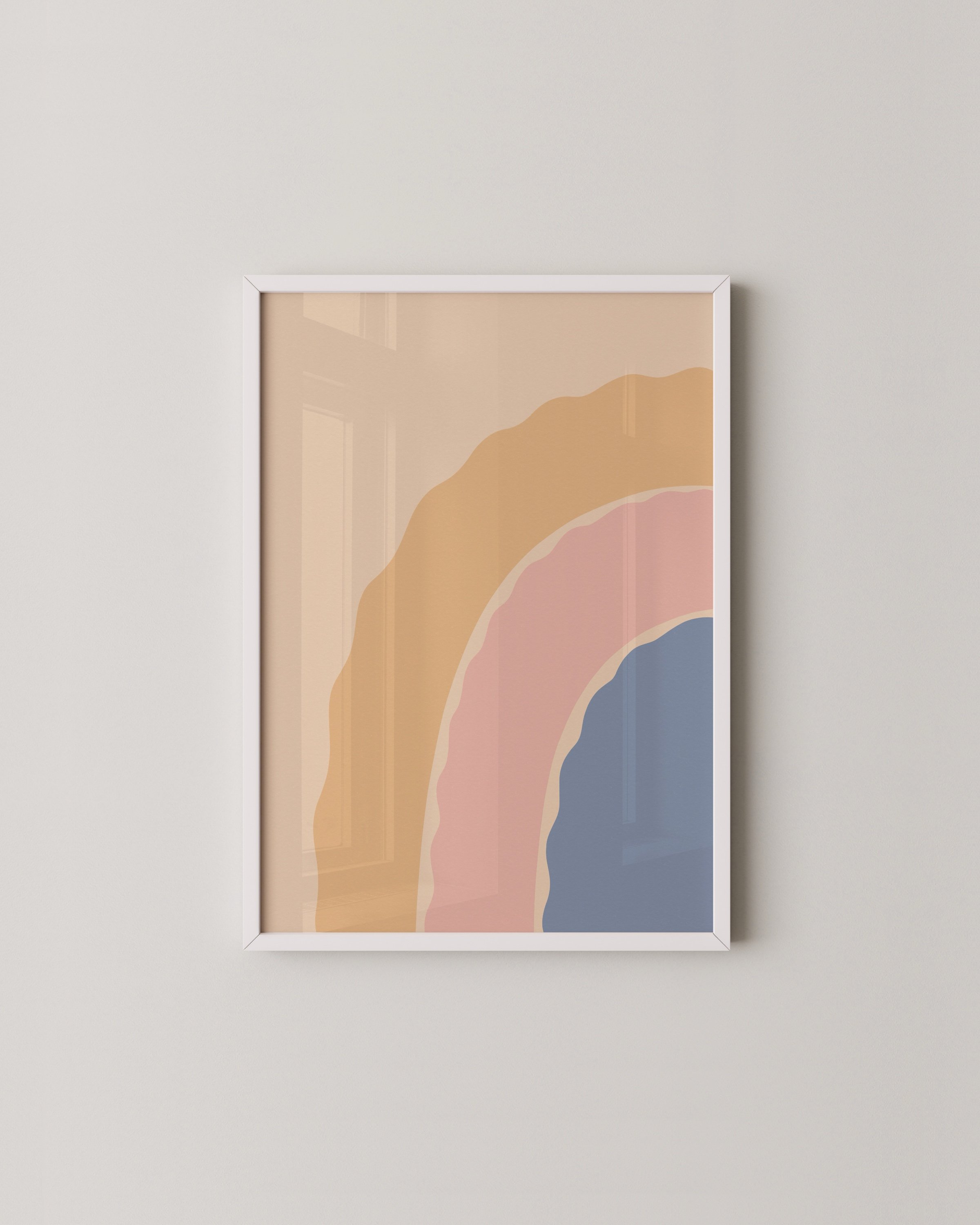 Two abstract boho printable wall art pieces: one featuring a sunburst with wavy rays, and the other a pastel rainbow in pink, blue, and beige tones.