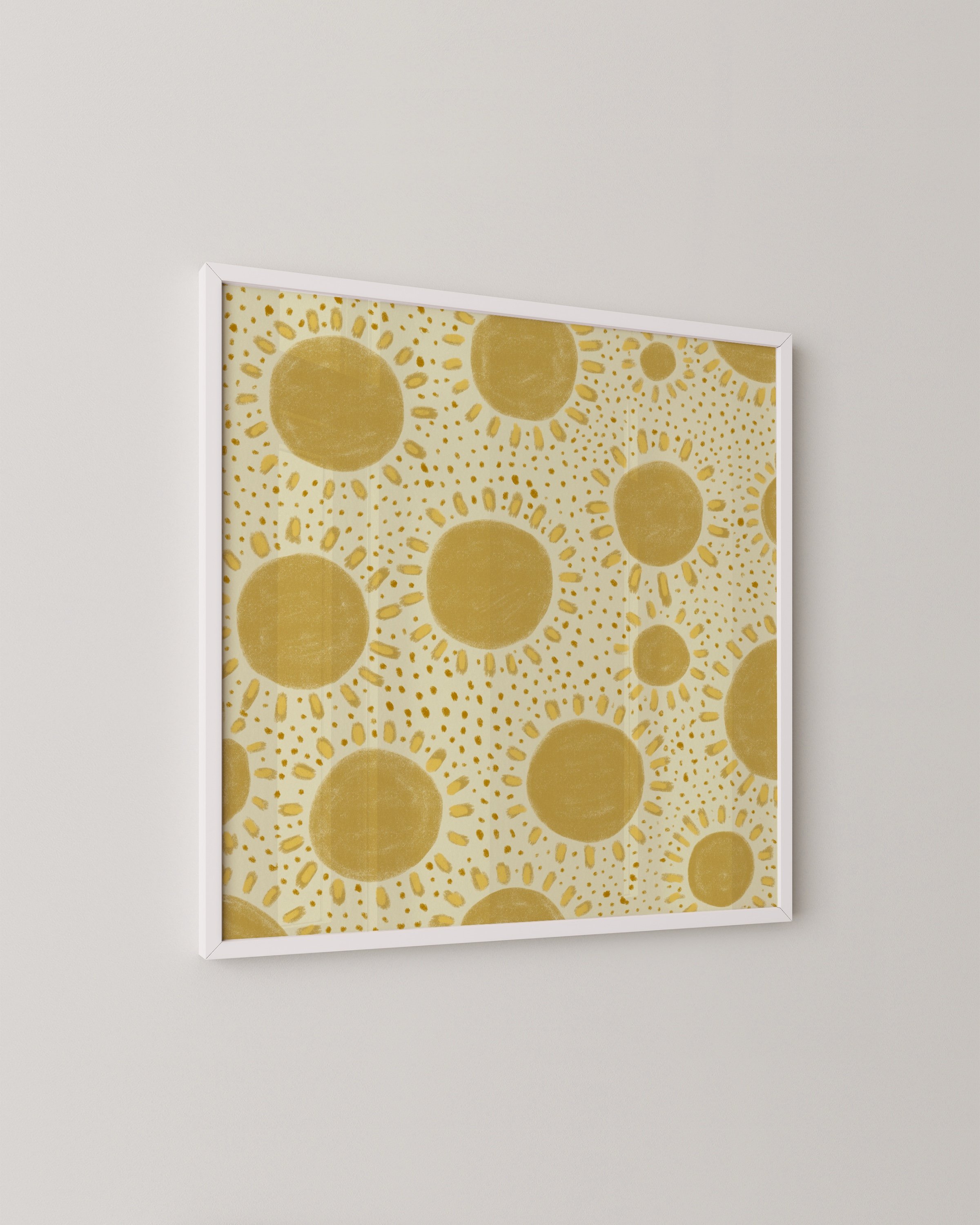 Yellow sunshine pattern print with repeating sunburst design, ideal for kids’ room decor.