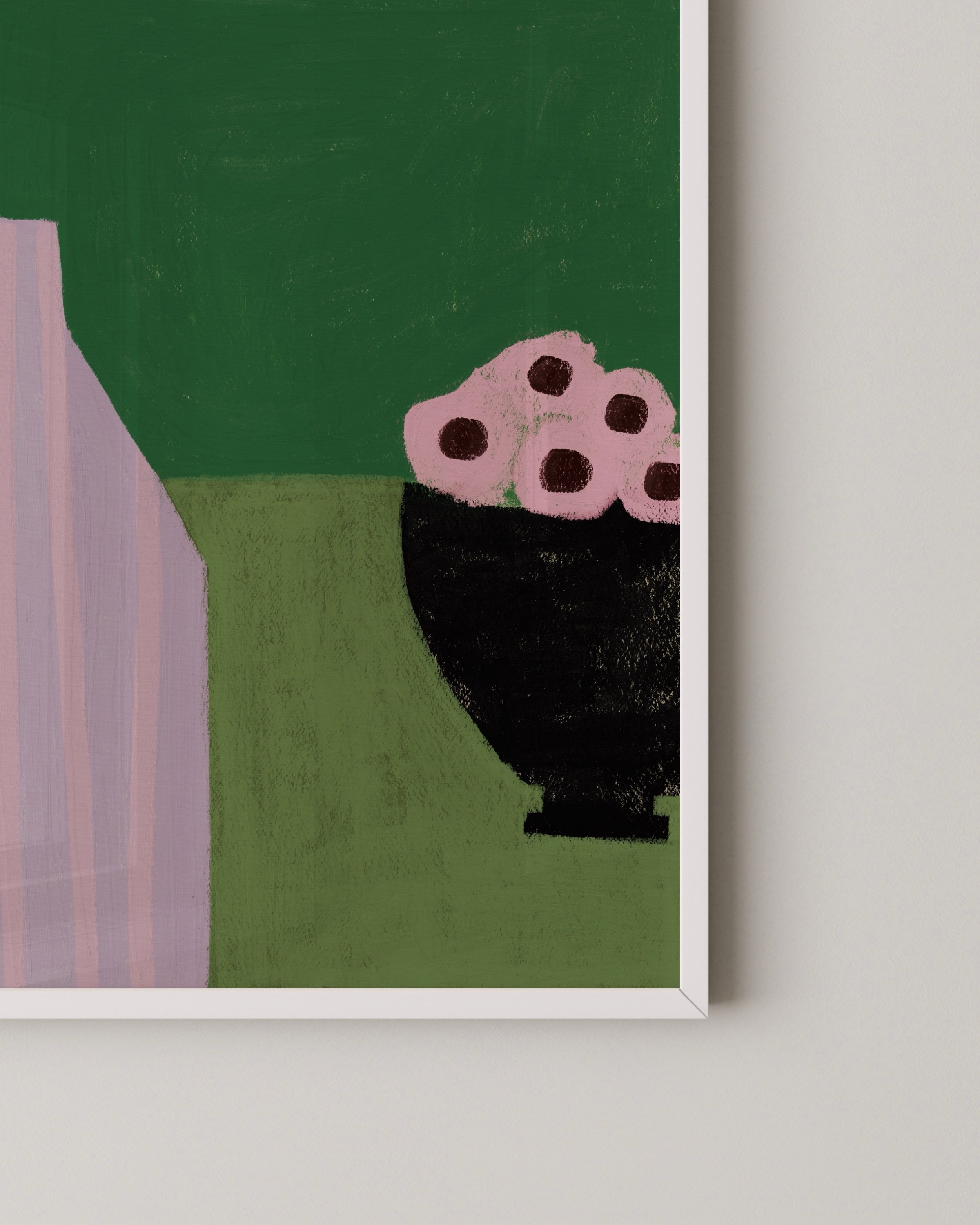 Print of a stylized still life featuring a pink-striped bottle and black bowl with pink flowers on a green and burgundy background.