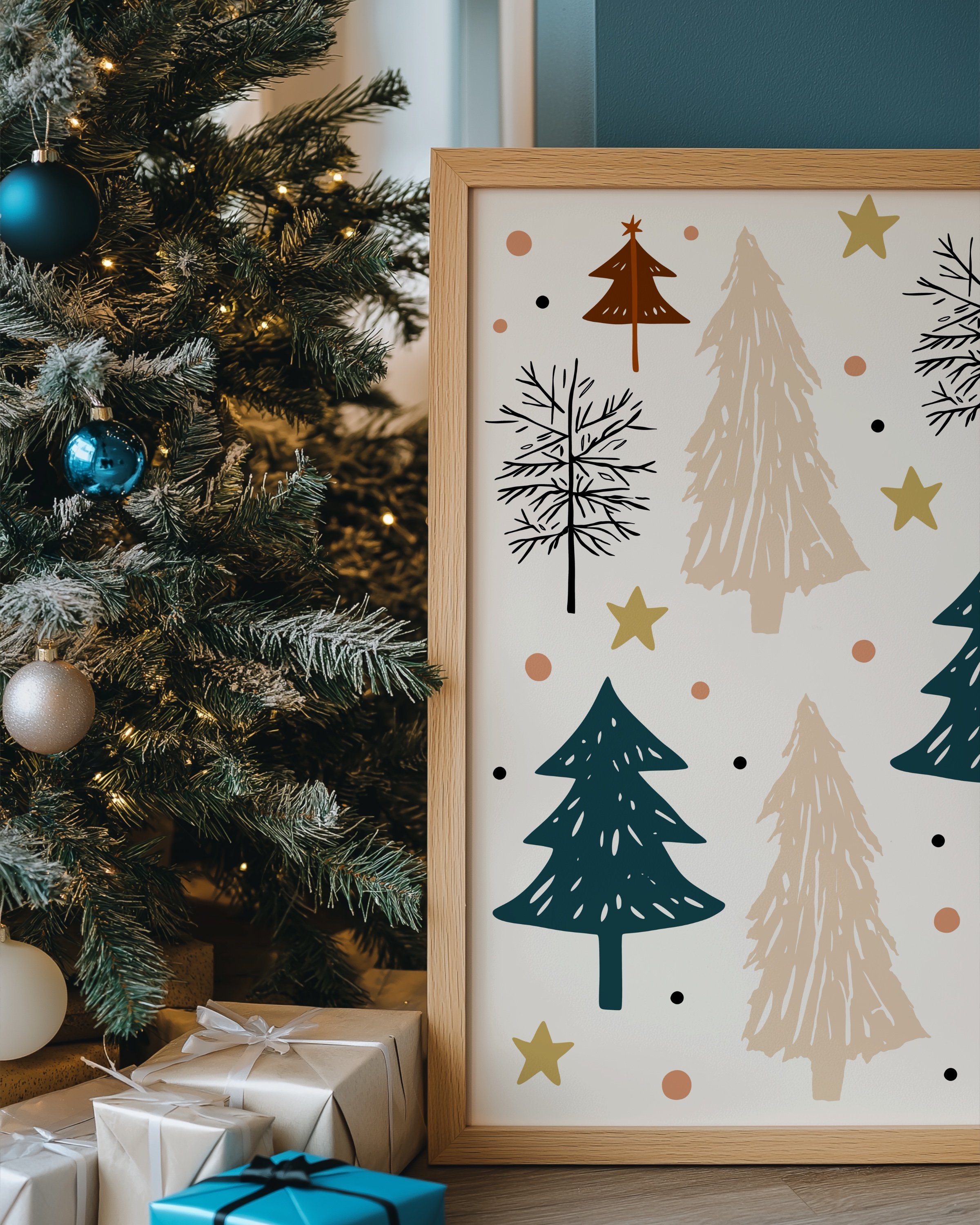 Minimalist Christmas tree printable wall art with festive tree patterns in earthy tones, stars, and decorative details on a light background.