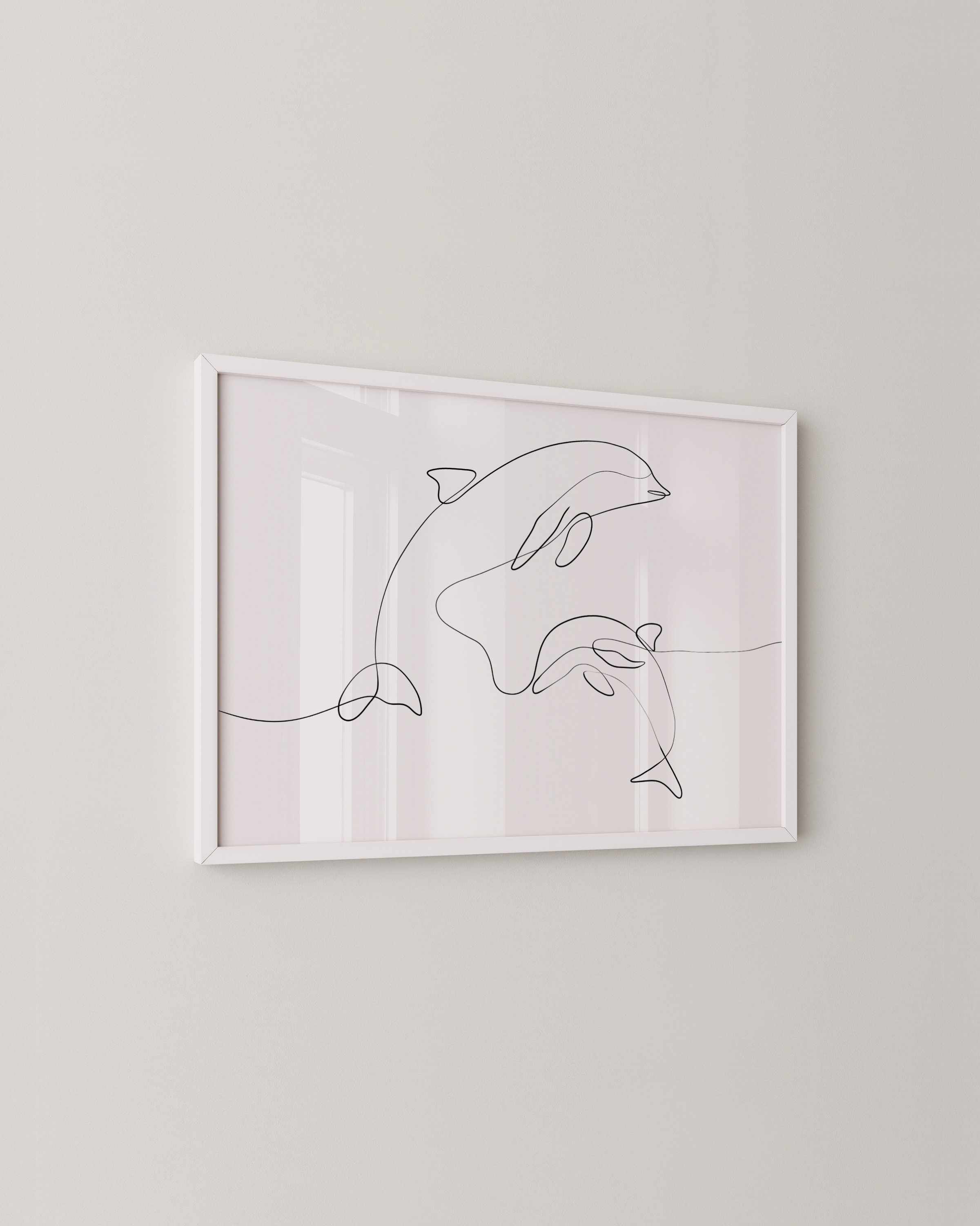 Minimalist line art print featuring dolphins swimming, created in a continuous line style for an elegant marine decor addition.