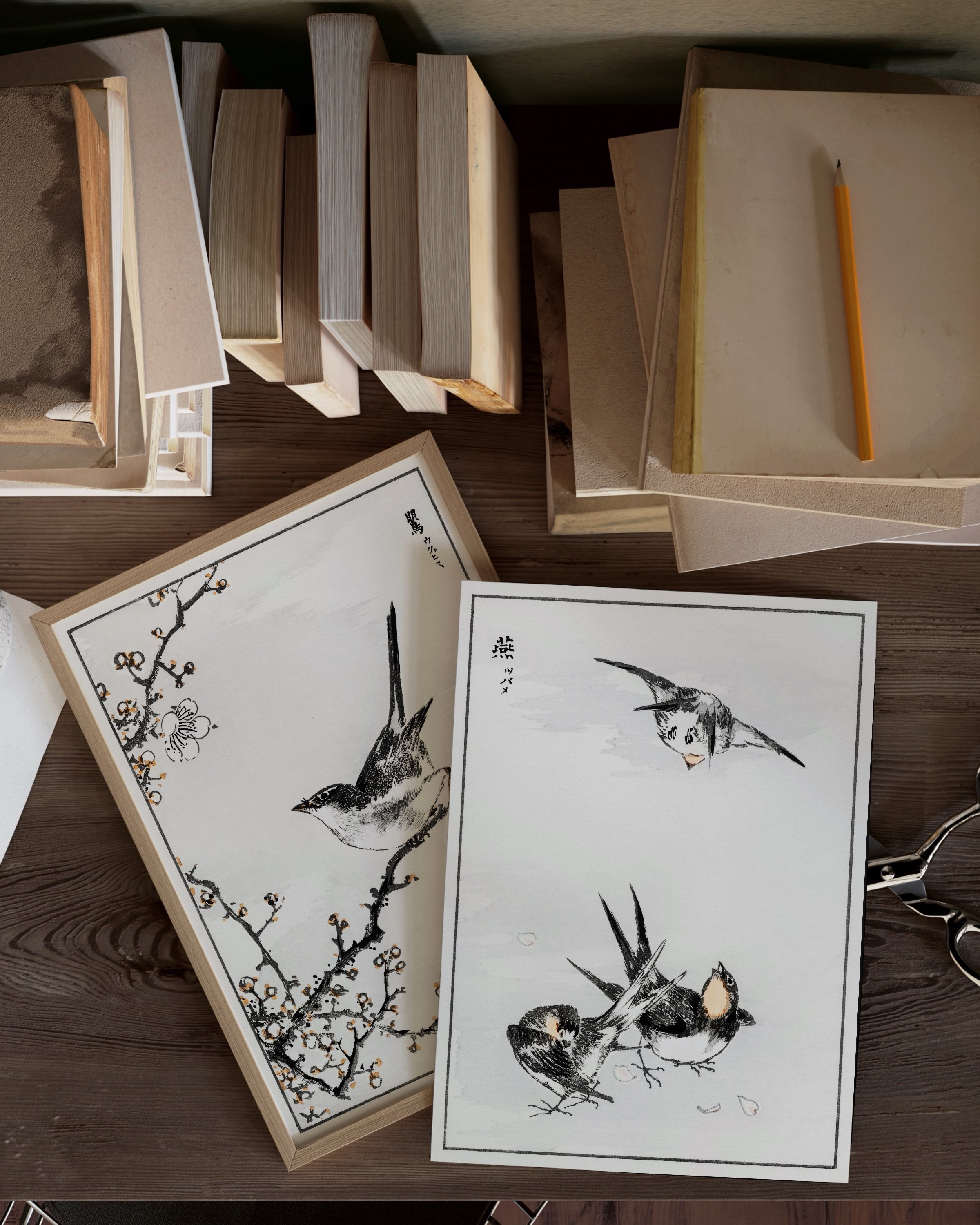 Set of two Japanese bird art prints featuring vintage-style illustrations of birds perched on branches, perfect for minimalist and nature-inspired home decor.