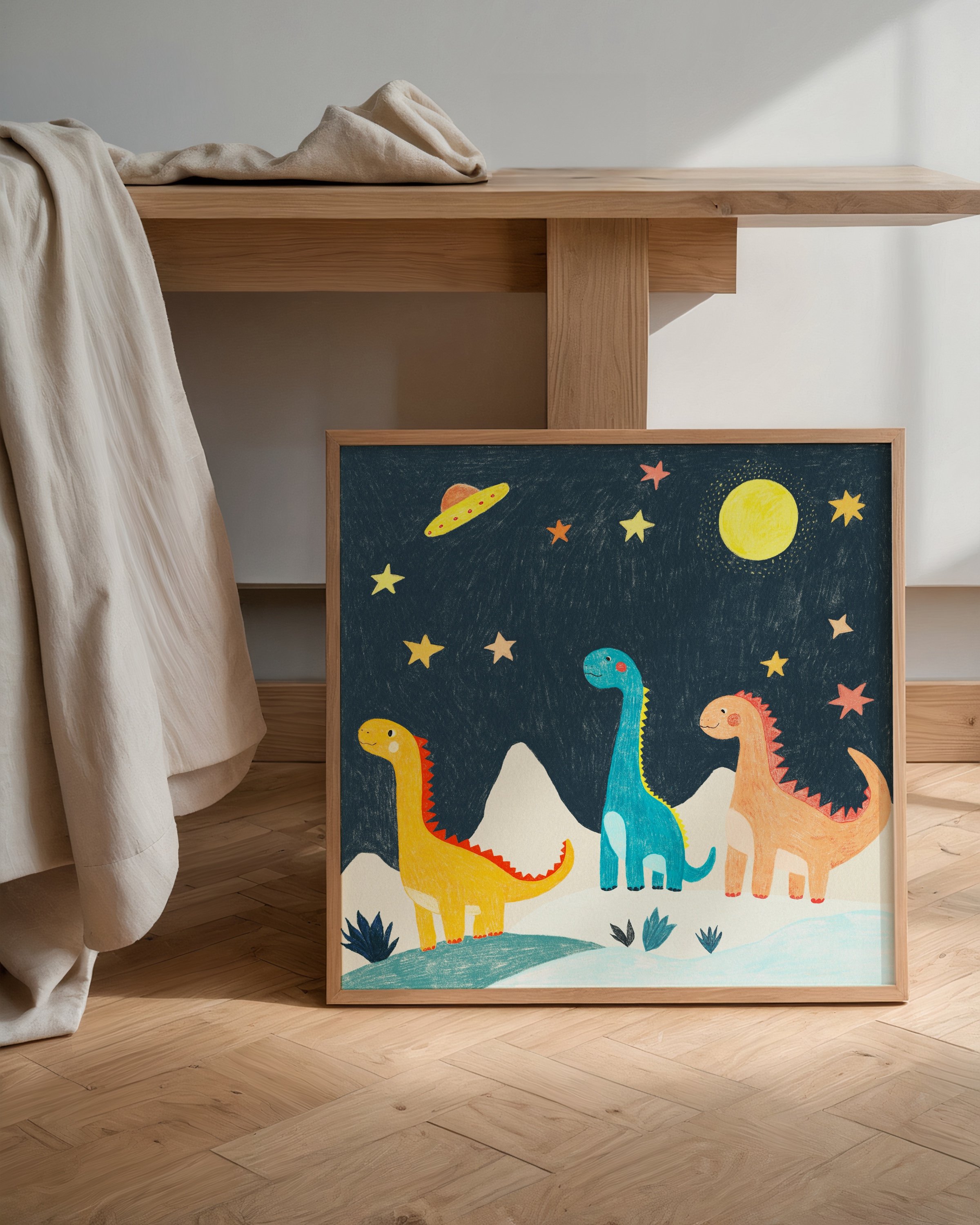 Playful kids’ wall art featuring colorful dinosaurs under a starry sky with planets and a bright moon, perfect for a fun and imaginative touch in a child’s room.