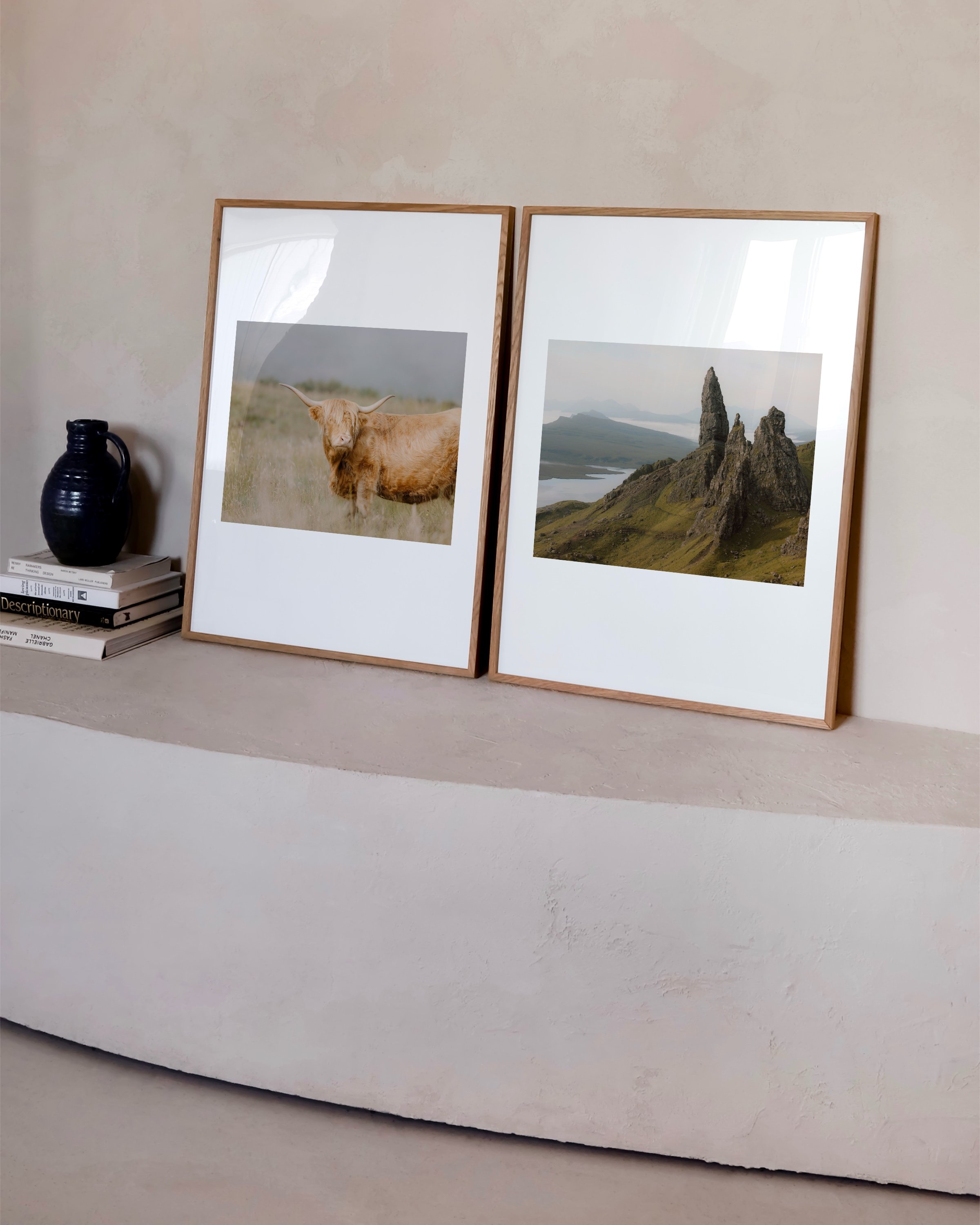 Printable art of a Highland Cow standing in a grassy field, showcasing the serene beauty of the Scottish Highlands.