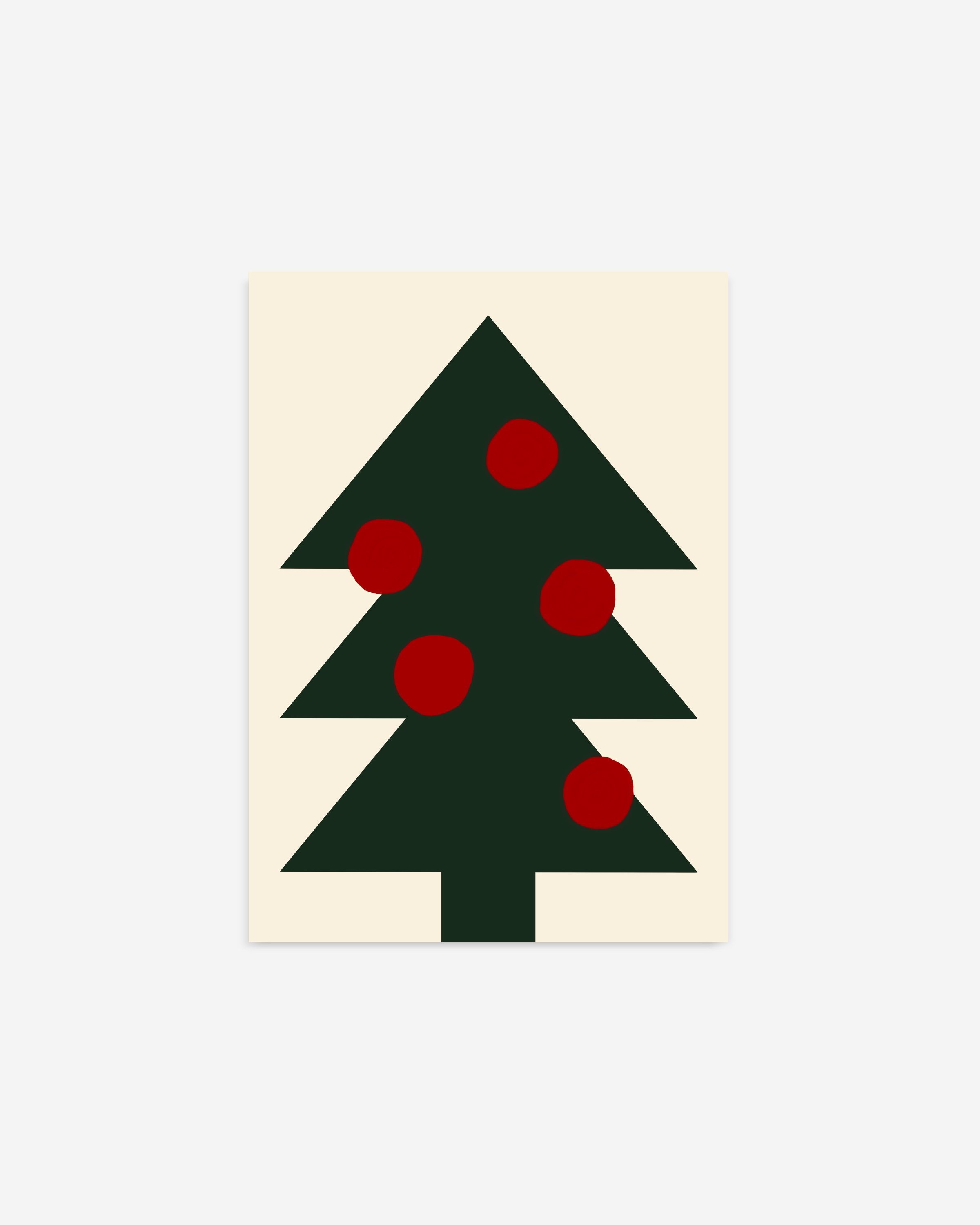 Minimalist Christmas tree art print with a dark green tree and red circle ornaments on a neutral background, designed for modern holiday decor.