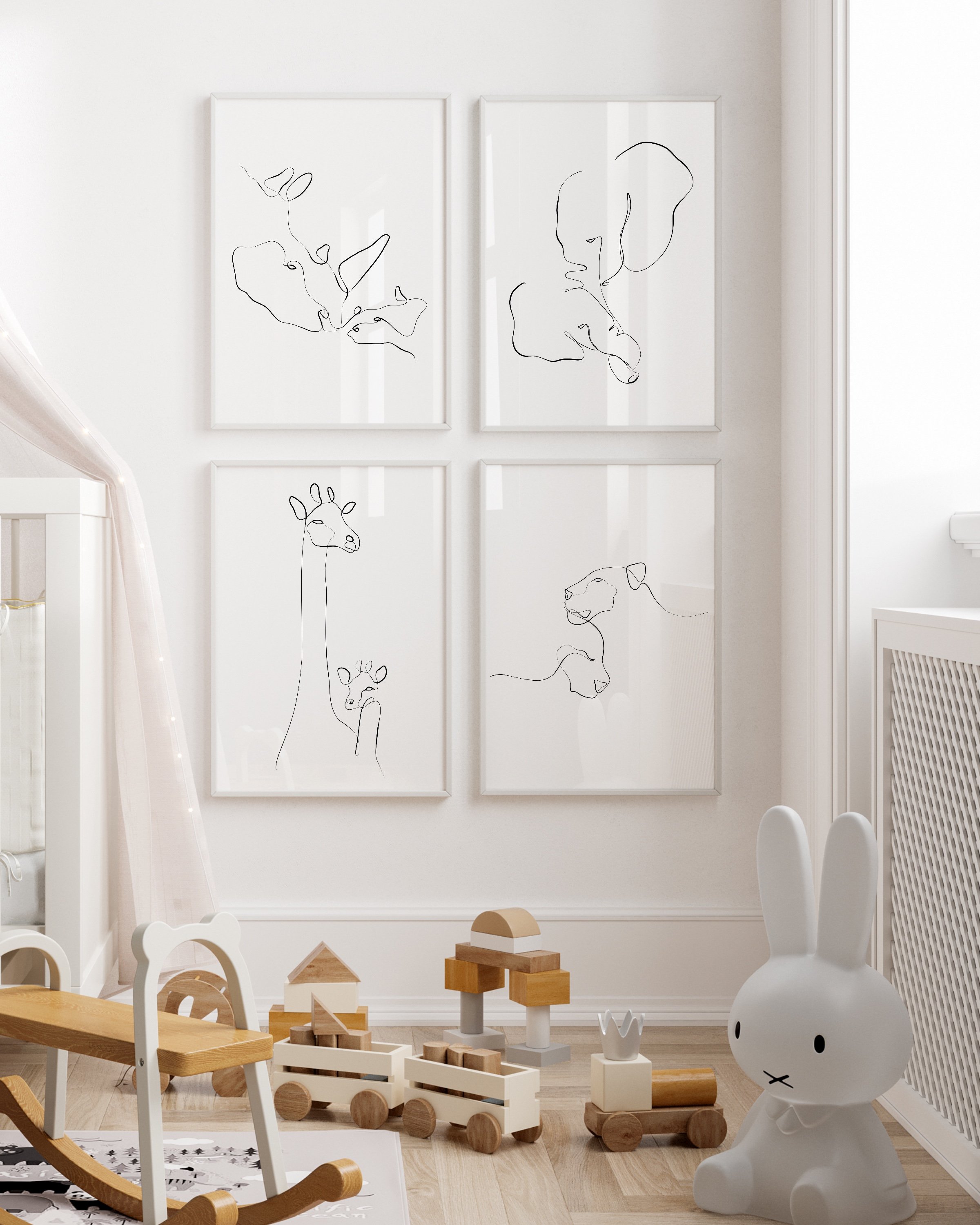 Minimalist line art print set featuring a parent’s hand holding a baby’s hand and hands cradling baby feet, perfect for modern nursery decor.