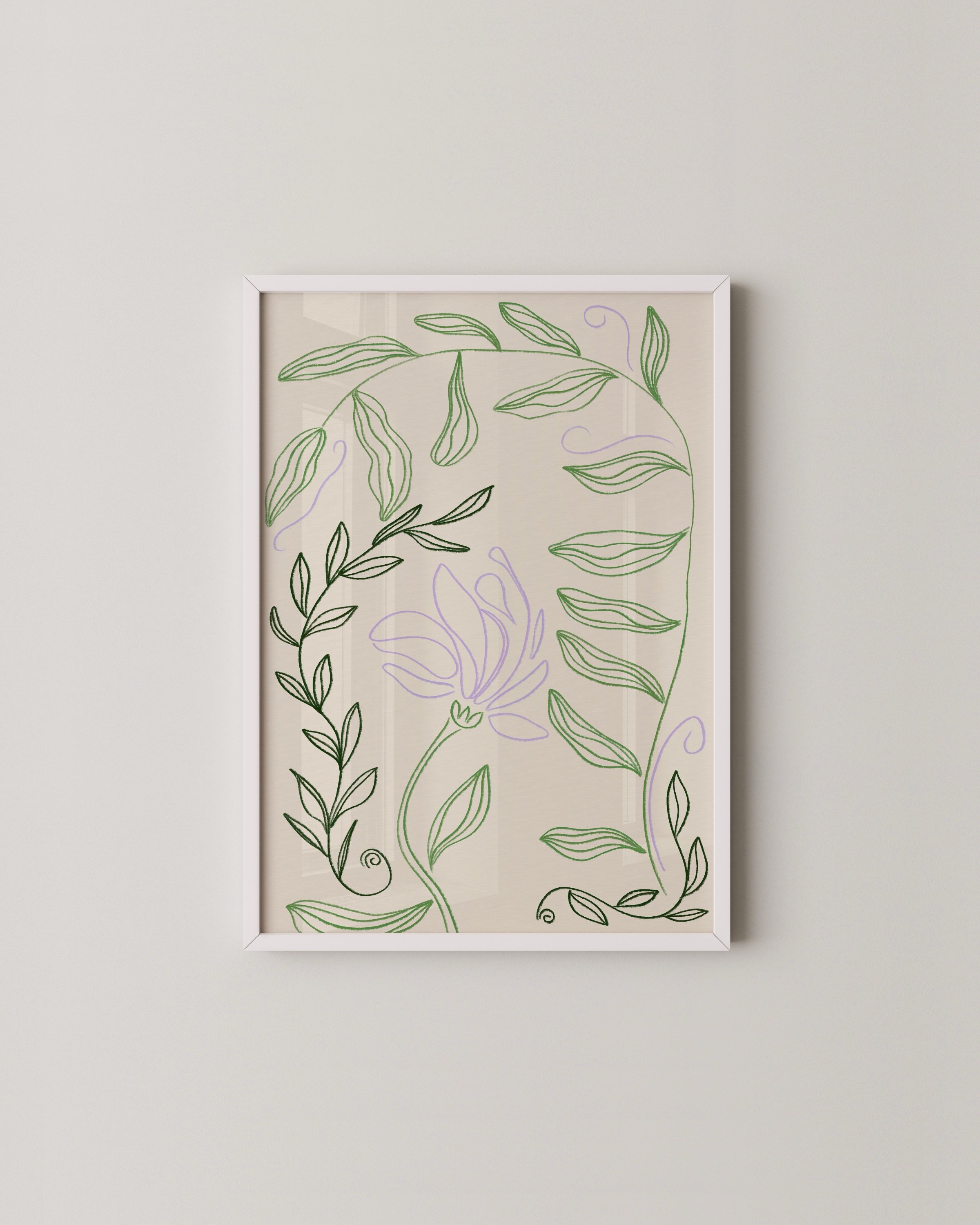Minimalist botanical line drawing with green leafy vines and a delicate lilac flower on a beige background in a white frame.