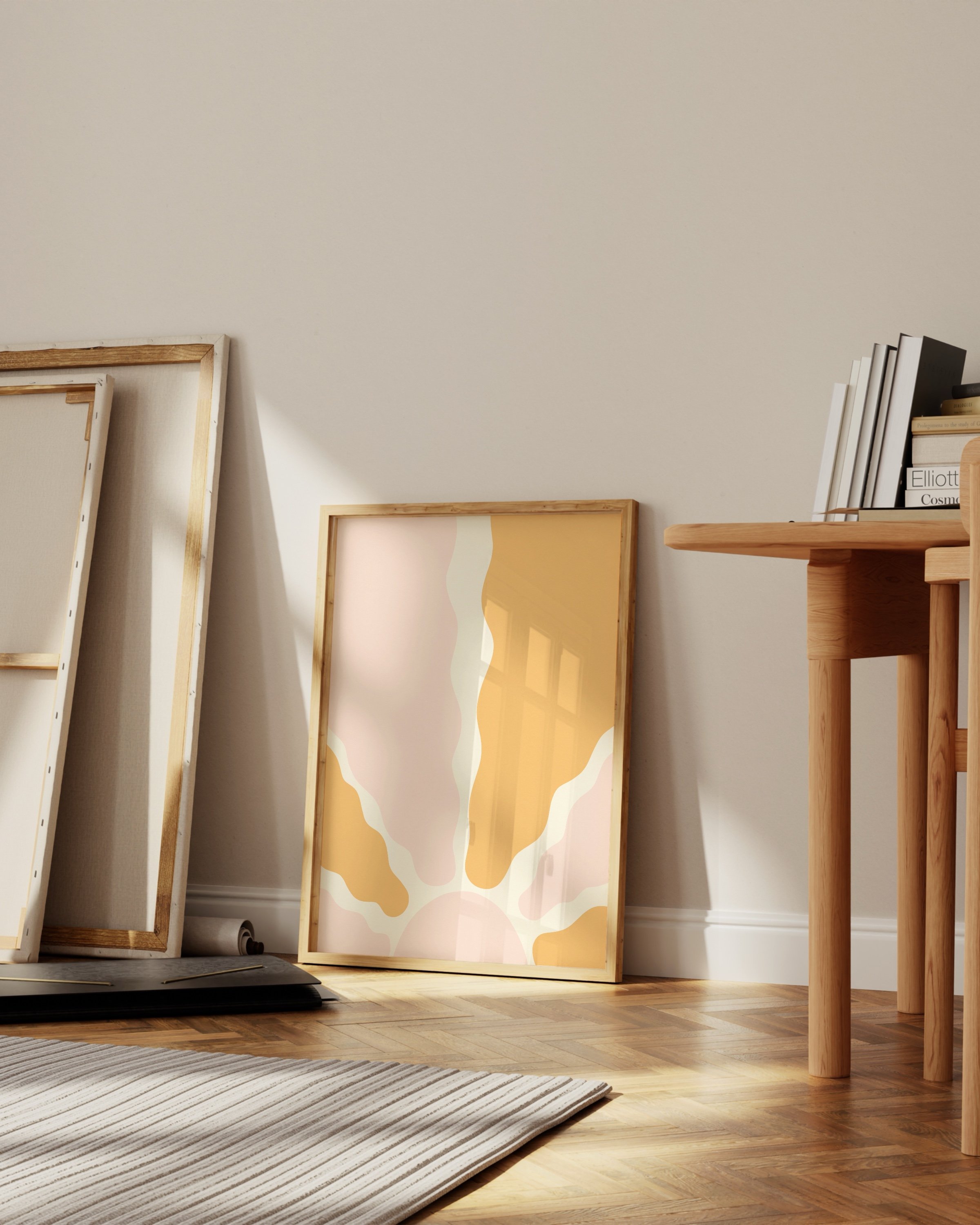 Abstract sun art print with warm tones in yellow and pink, perfect for boho and minimalist decor.