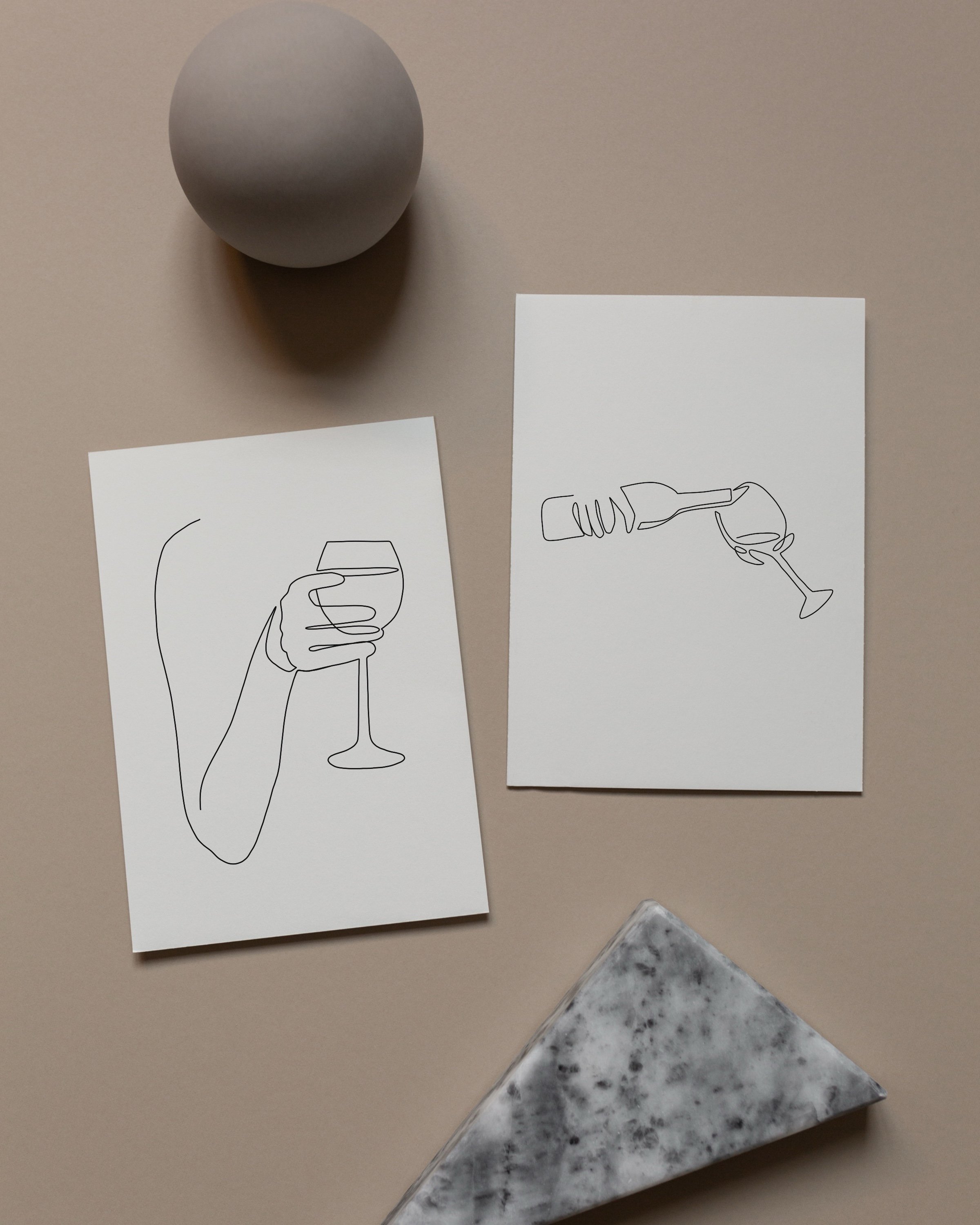 Minimalist wine art set with line drawings of a hand holding a wine glass and pouring wine from a bottle, ideal for modern decor.