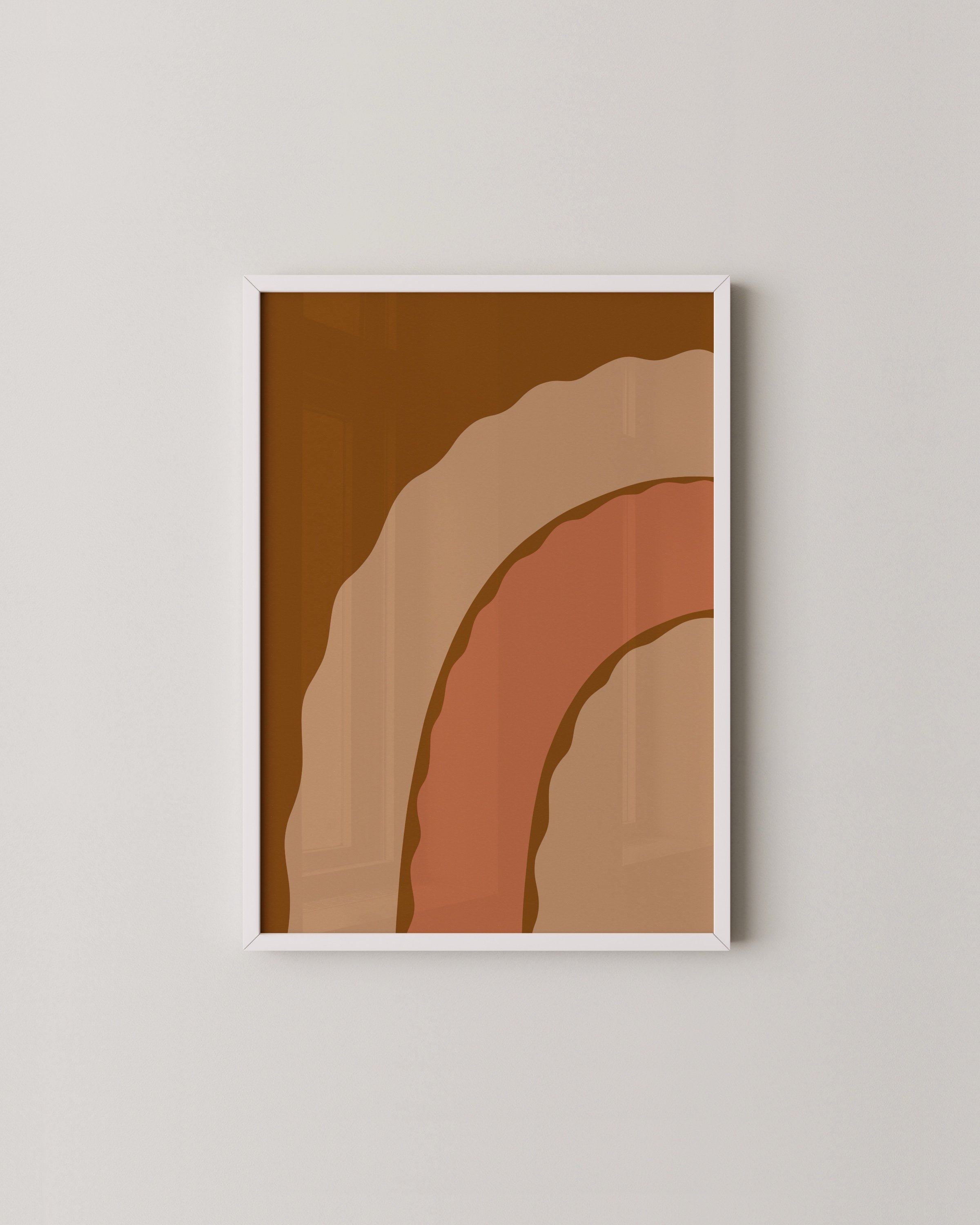 Earthy wall art set with abstract sun and rainbow in warm, neutral tones, creating a cozy boho decor style.